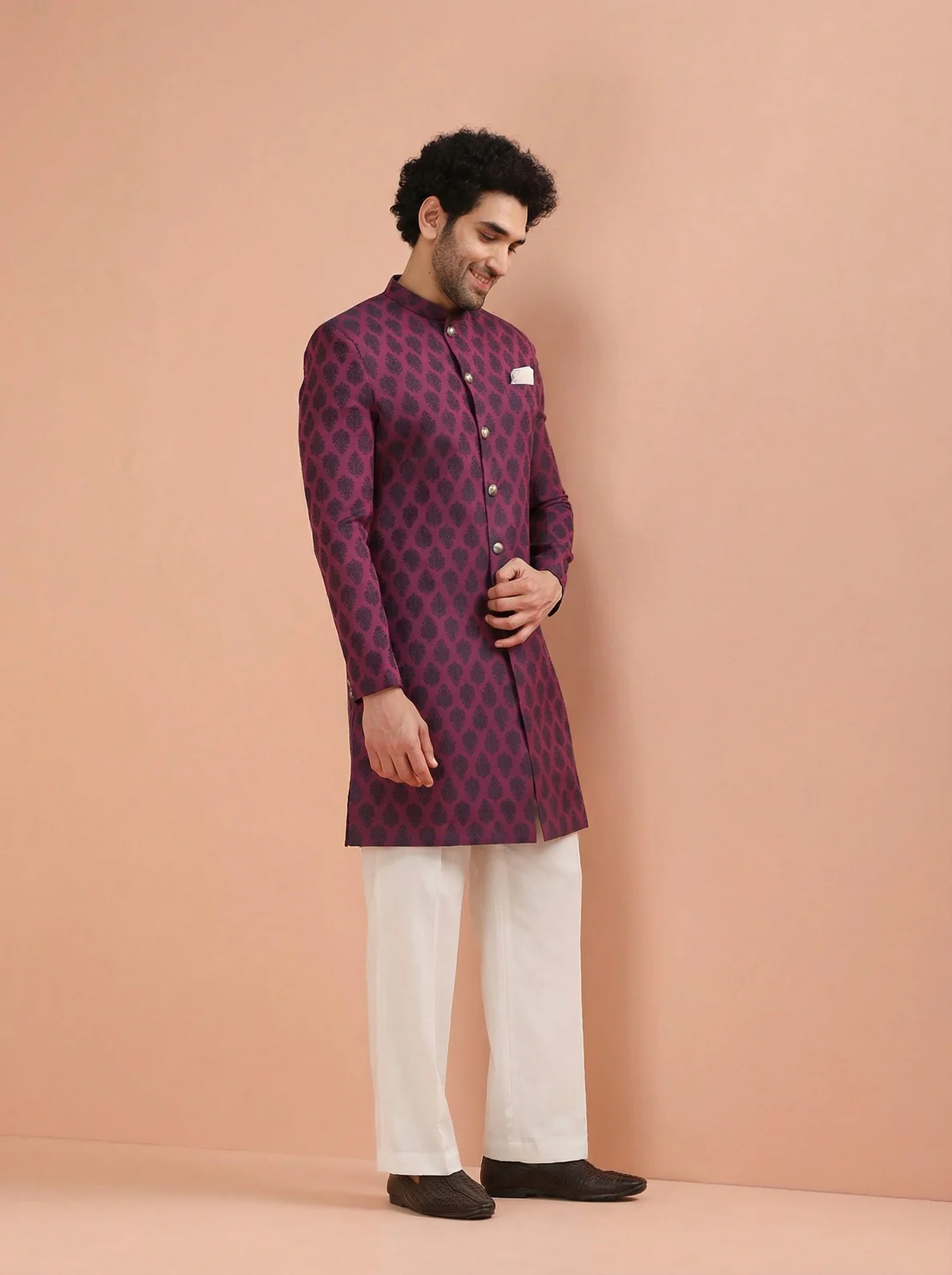 Maroon Silk Blend Textured Sherwani Wide Leg Trouser Set