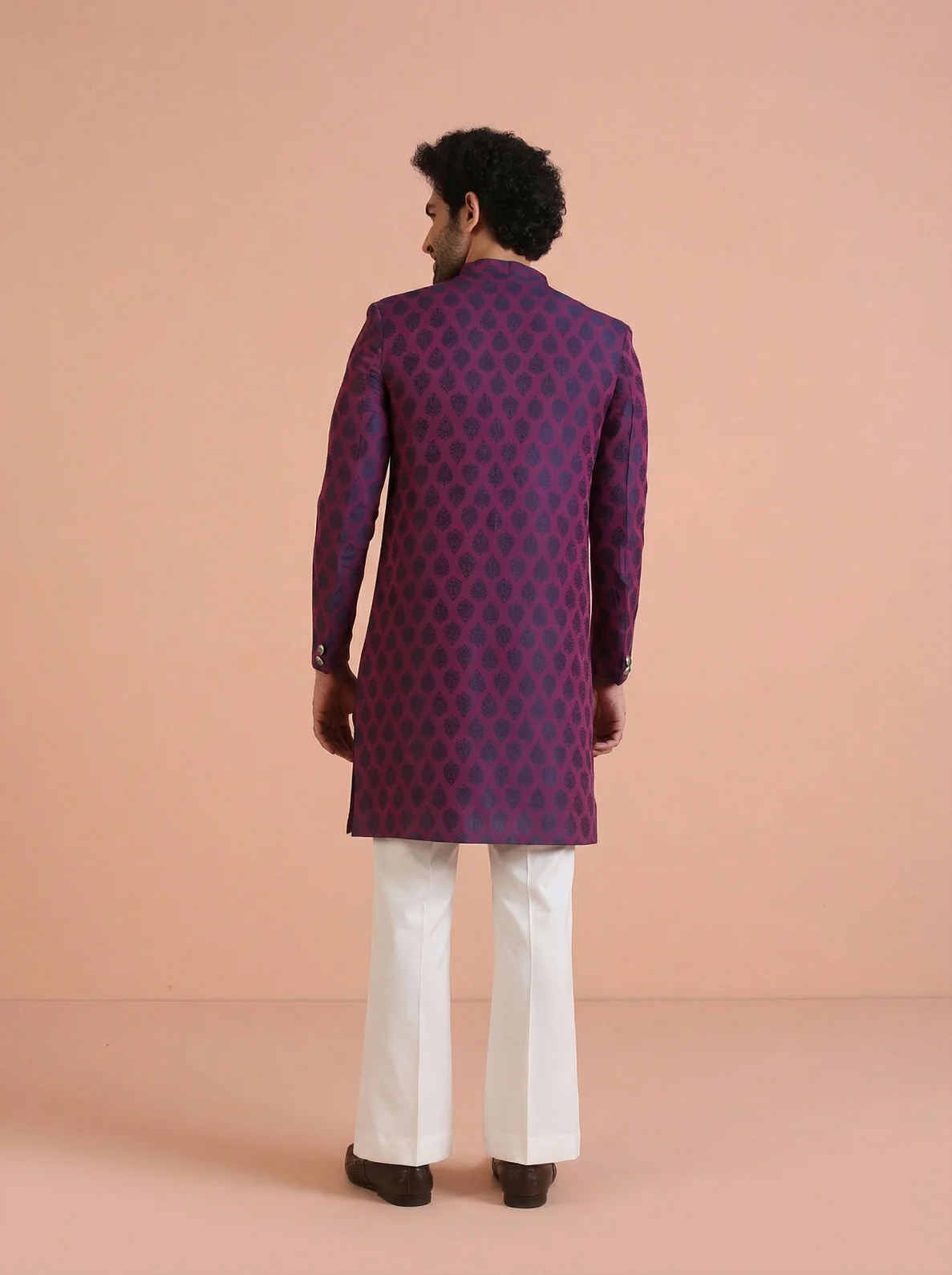 Maroon Silk Blend Textured Sherwani Wide Leg Trouser Set - Image 3