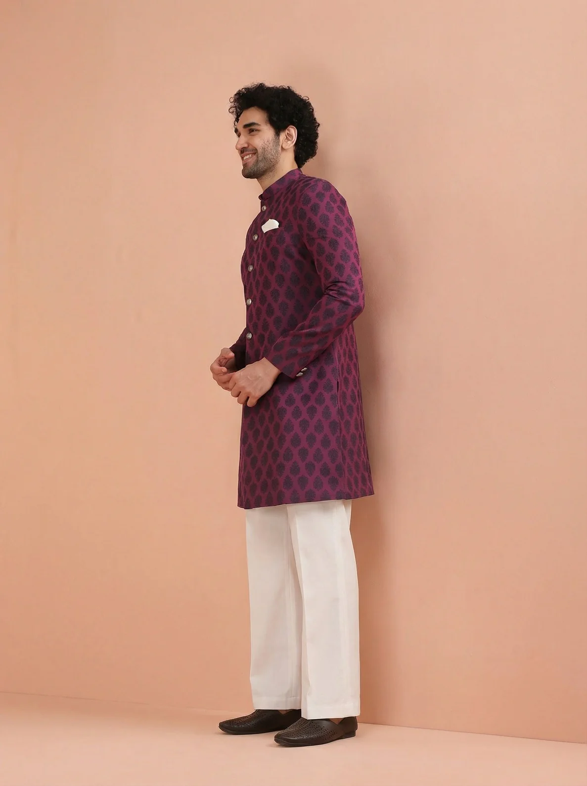 Maroon Silk Blend Textured Sherwani Wide Leg Trouser Set - Image 6