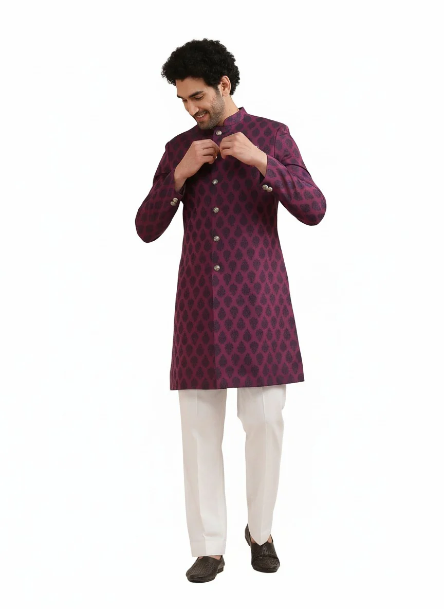 Maroon Silk Blend Textured Sherwani Wide Leg Trouser Set - Image 7