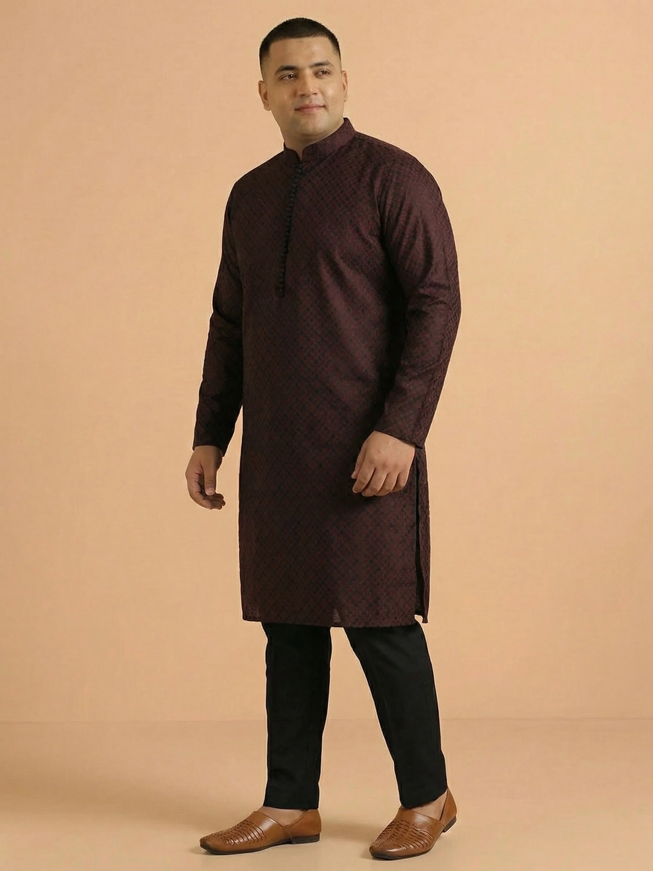 Maroon Silk Blend Woven Long Kurta - Image 2
