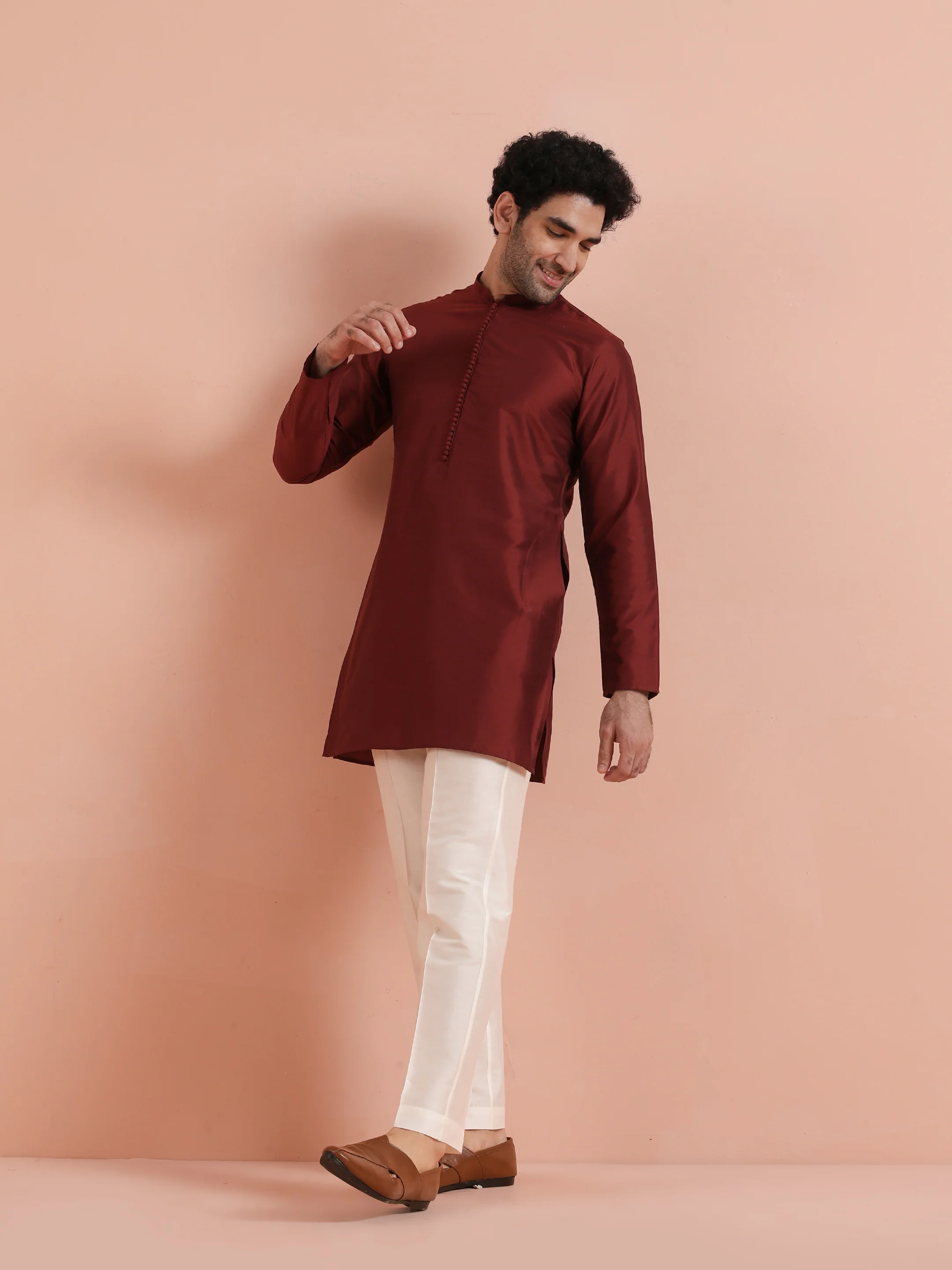Maroon Solid Cotton Kurta Trouser Set - Image 2