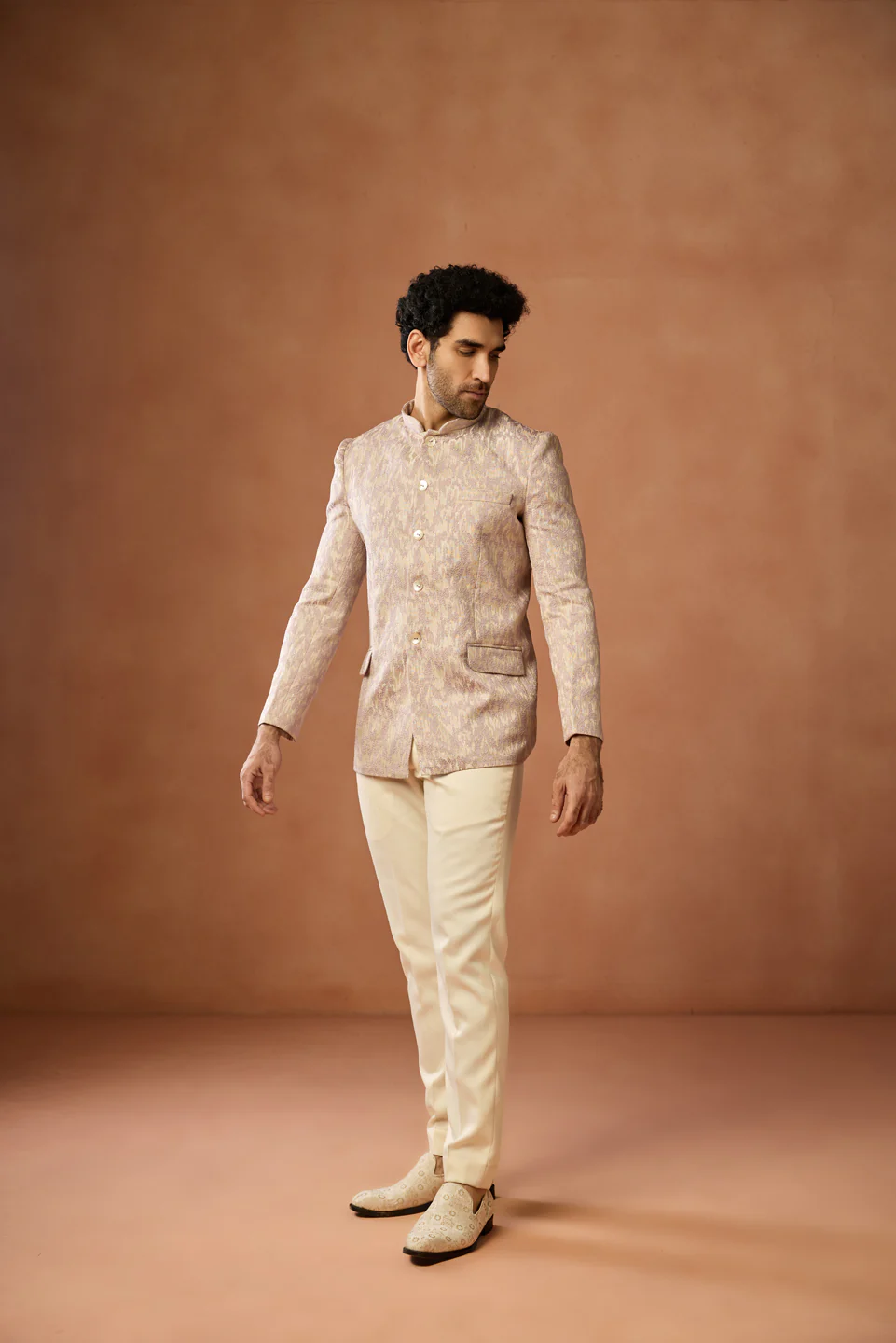 Beige Silk Blend Textured Bandhgala - Image 2