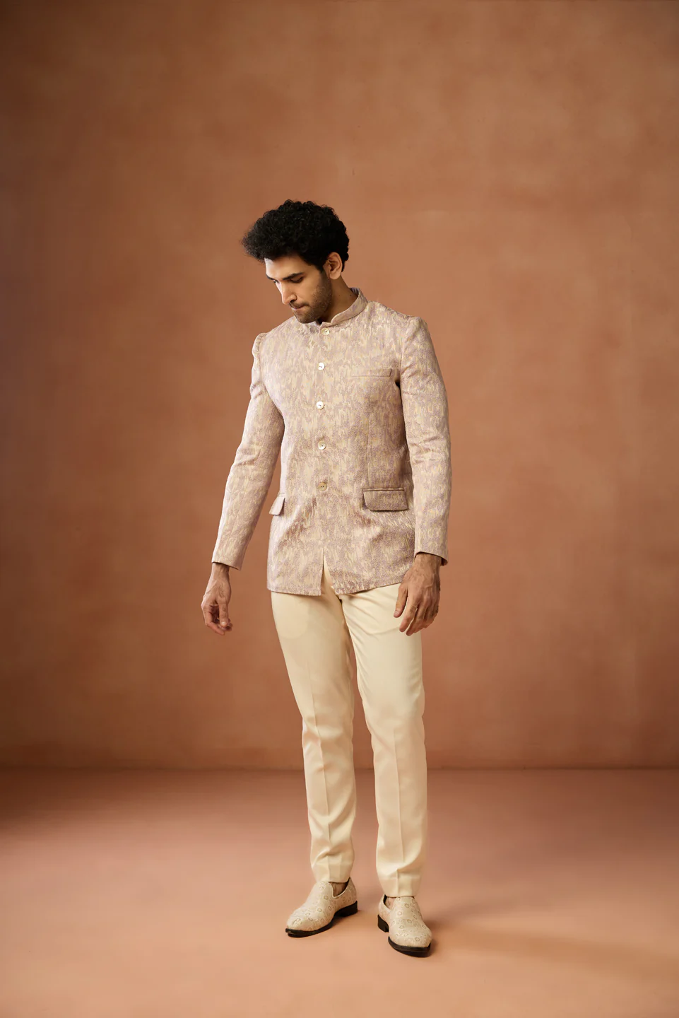 Beige Silk Blend Textured Bandhgala - Image 6