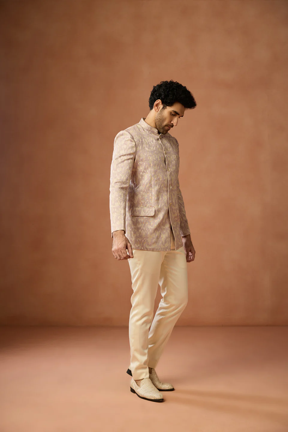 Beige Jacquard Textured Bandhgala Trouser Set - Image 2