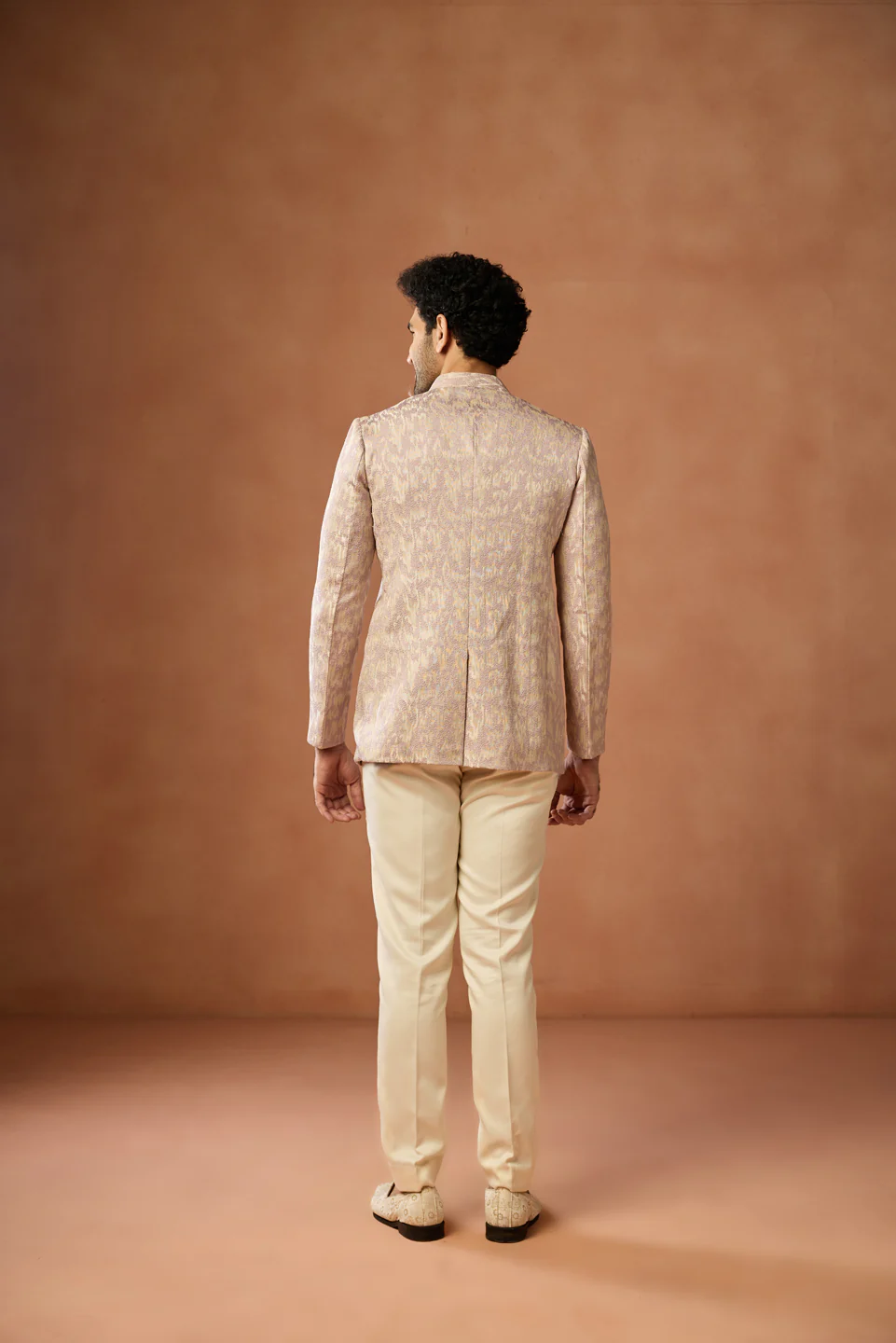 Beige Jacquard Textured Bandhgala Trouser Set - Image 4