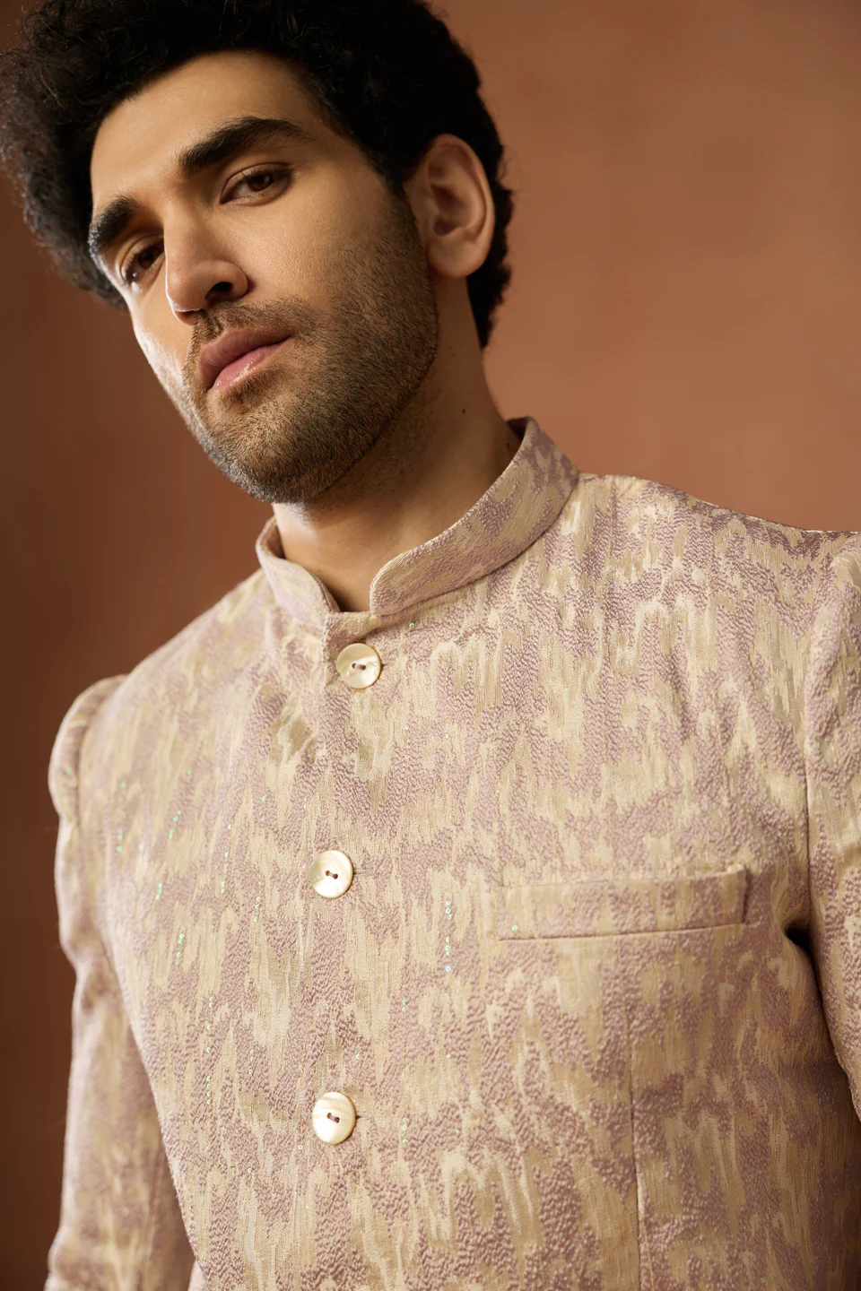 Beige Jacquard Textured Bandhgala Trouser Set - Image 5