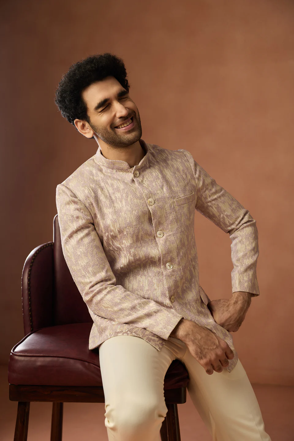 Beige Jacquard Textured Bandhgala Trouser Set - Image 7