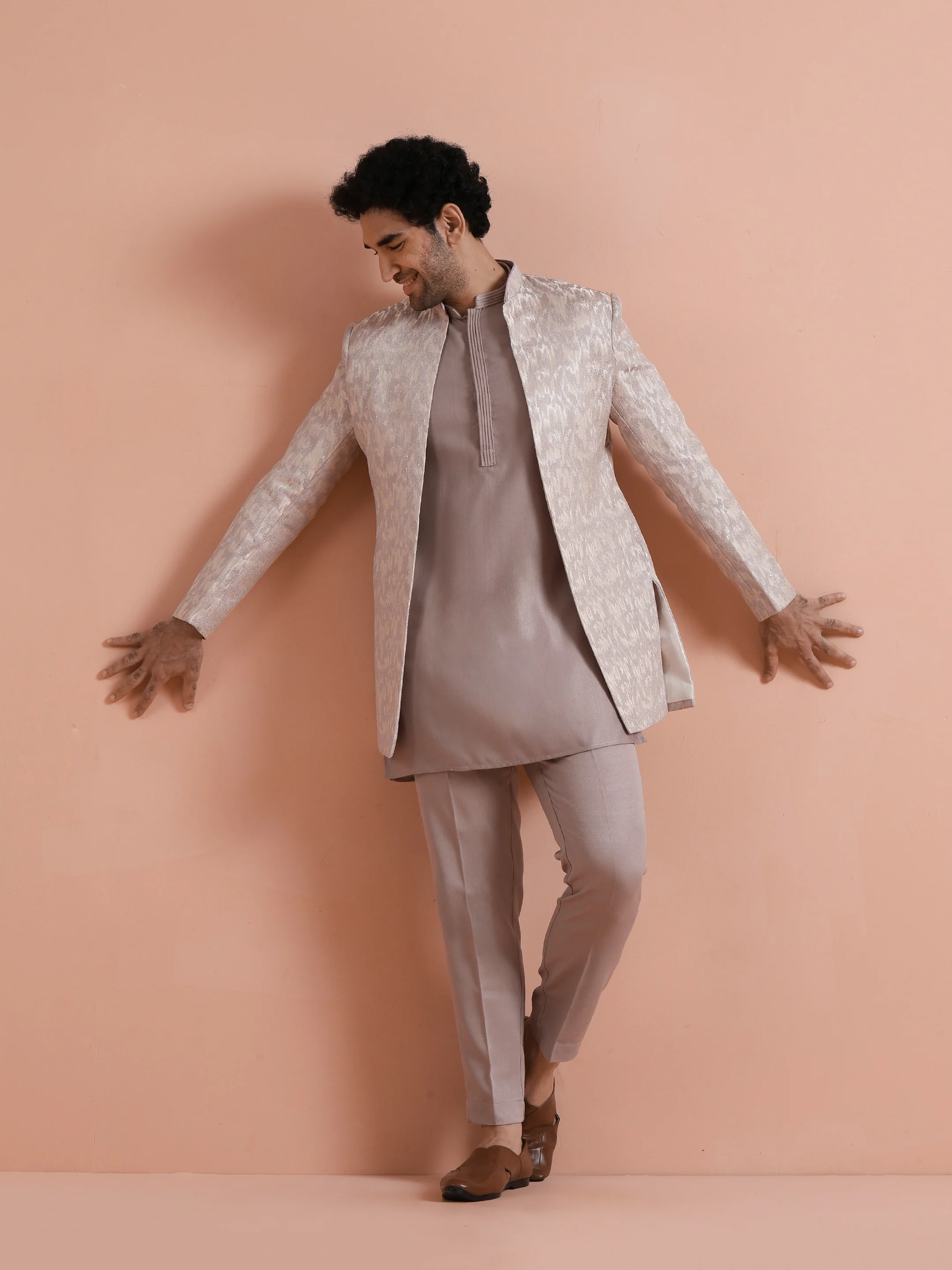 Beige Jacquard Short Sherwani Trouser Set - Image 10