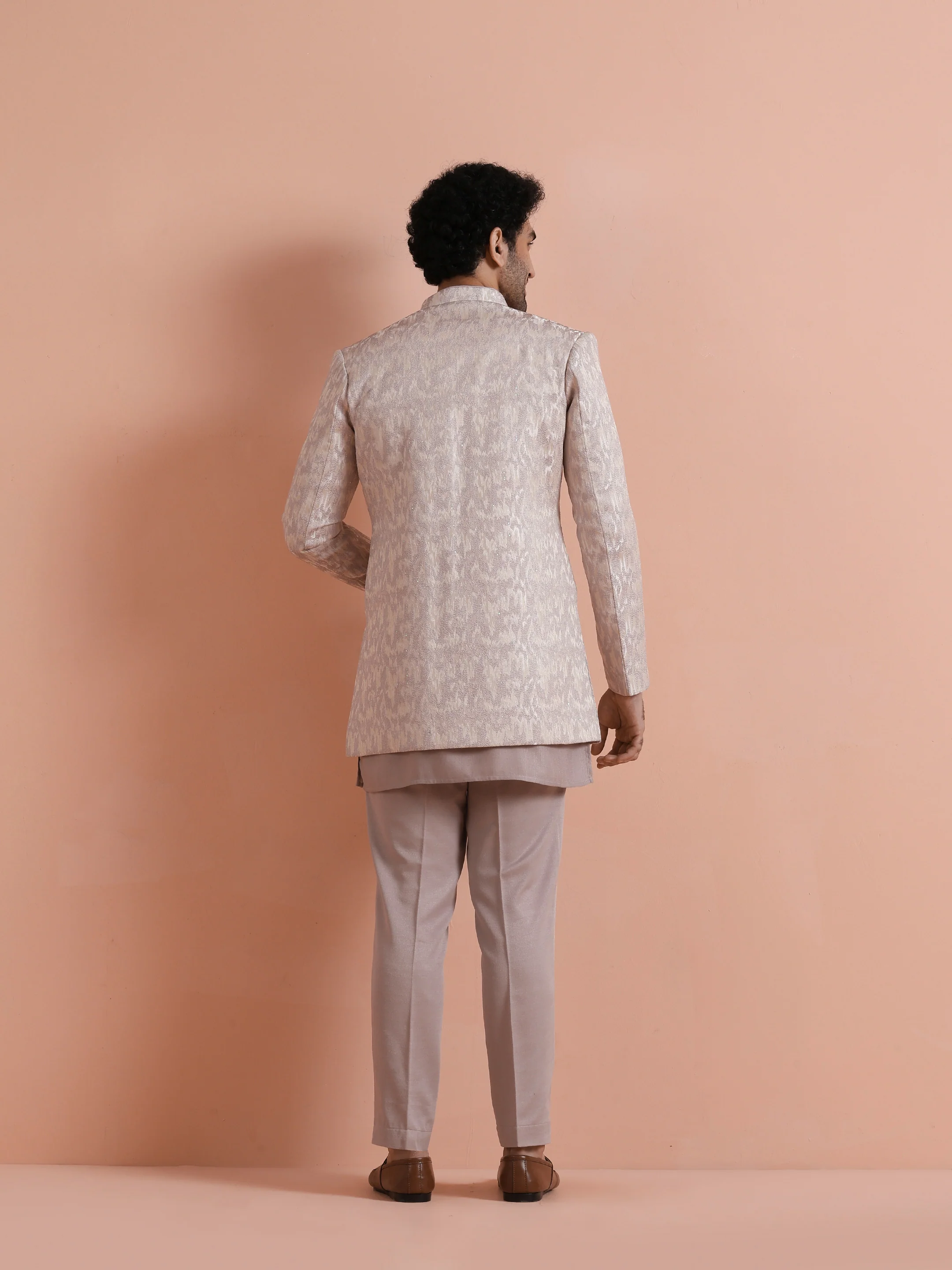 Beige Jacquard Short Sherwani Trouser Set - Image 4