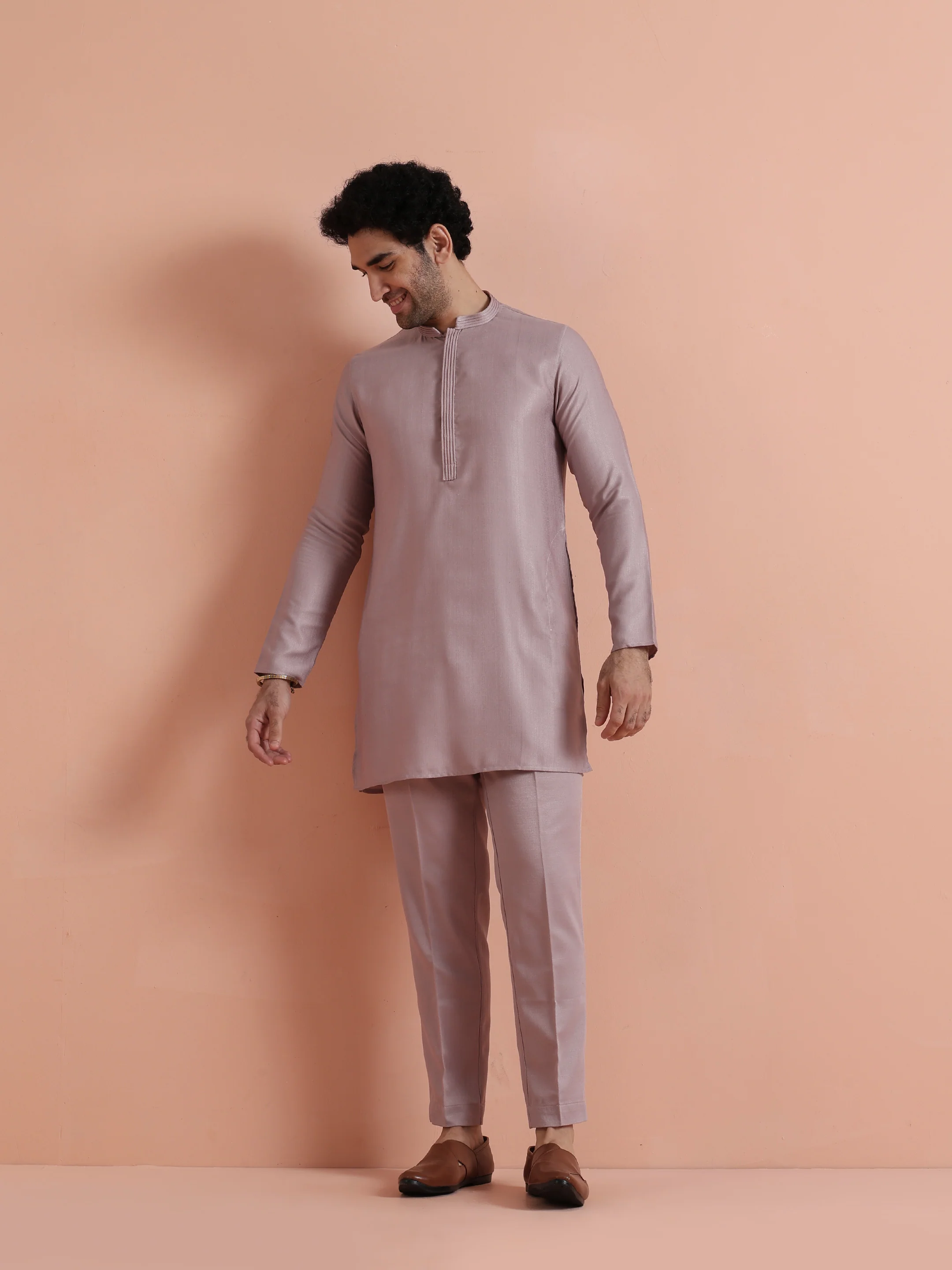 Beige Jacquard Short Sherwani Trouser Set - Image 5