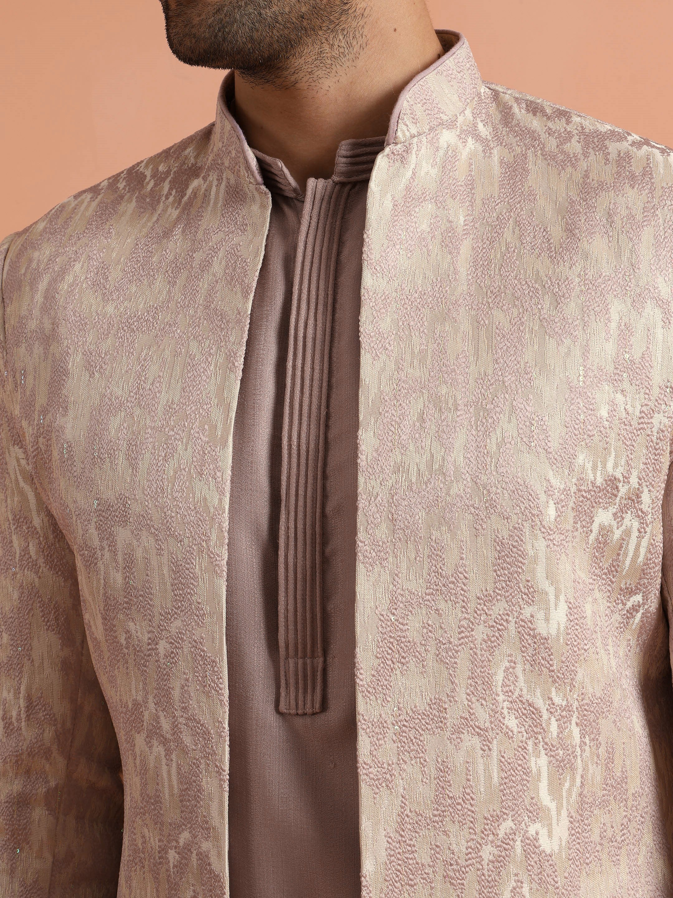 Beige Jacquard Short Sherwani Trouser Set - Image 7
