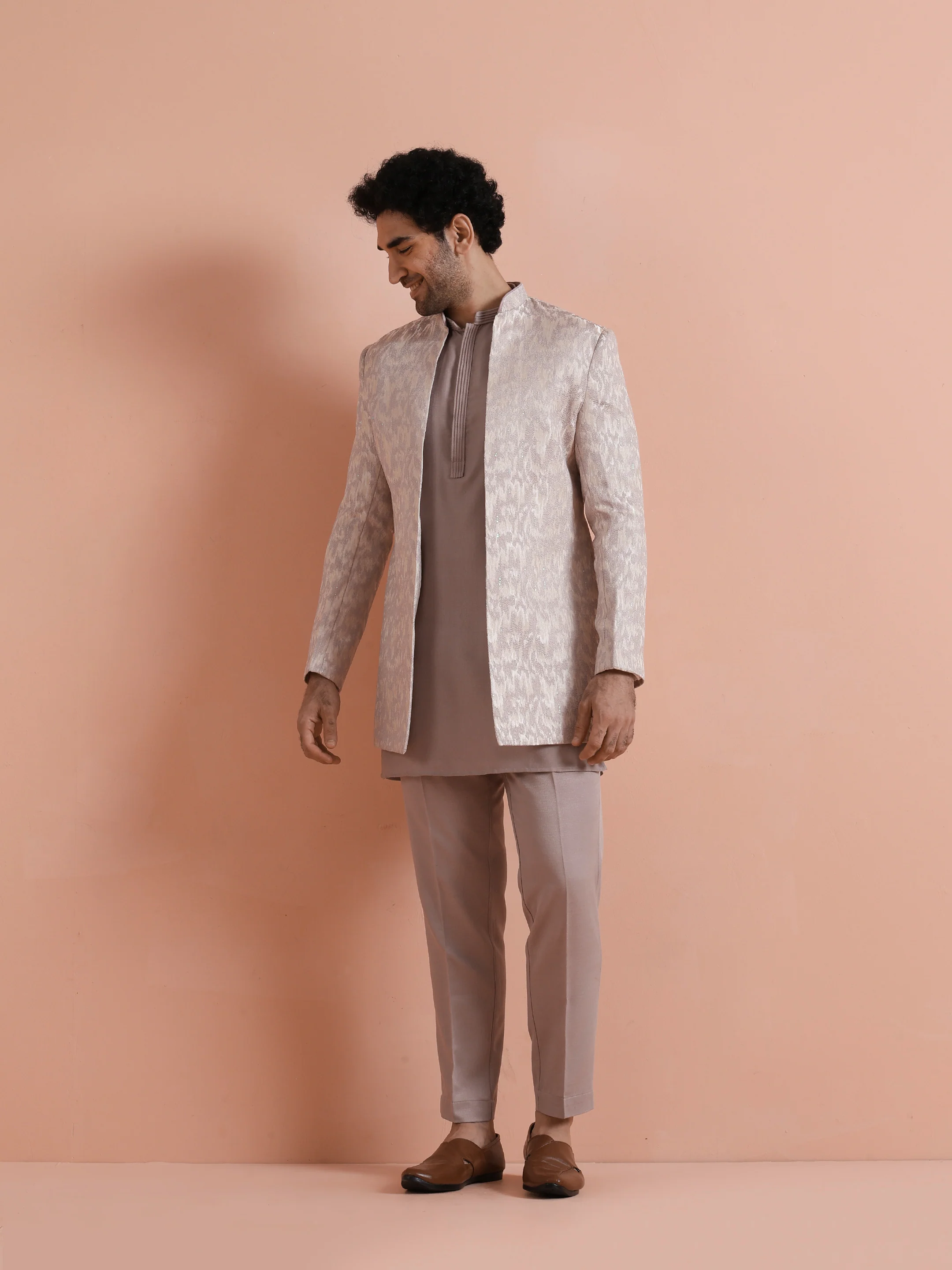 Beige Jacquard Short Sherwani Trouser Set - Image 8