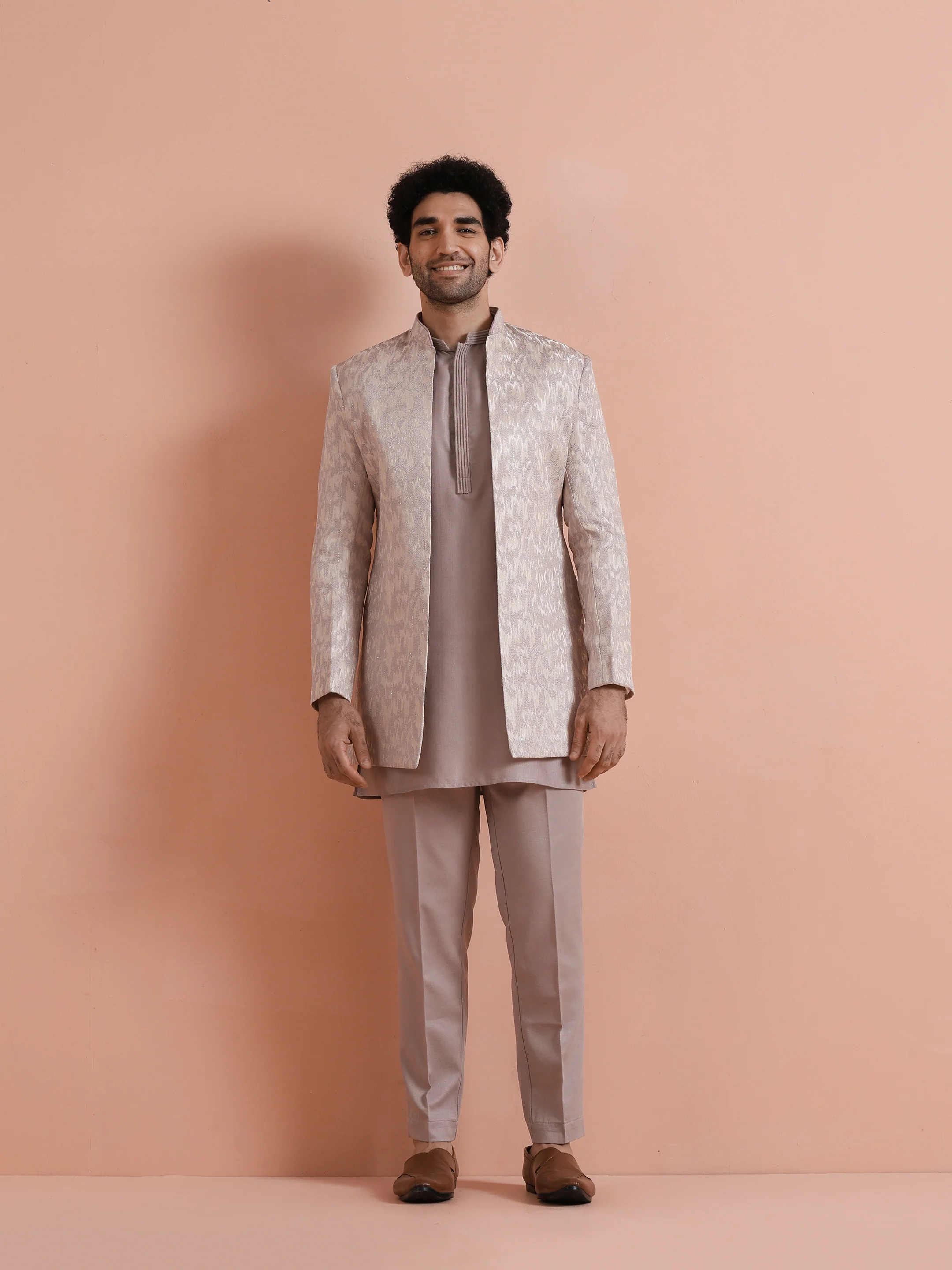 Beige Jacquard Short Sherwani Trouser Set - Image 9