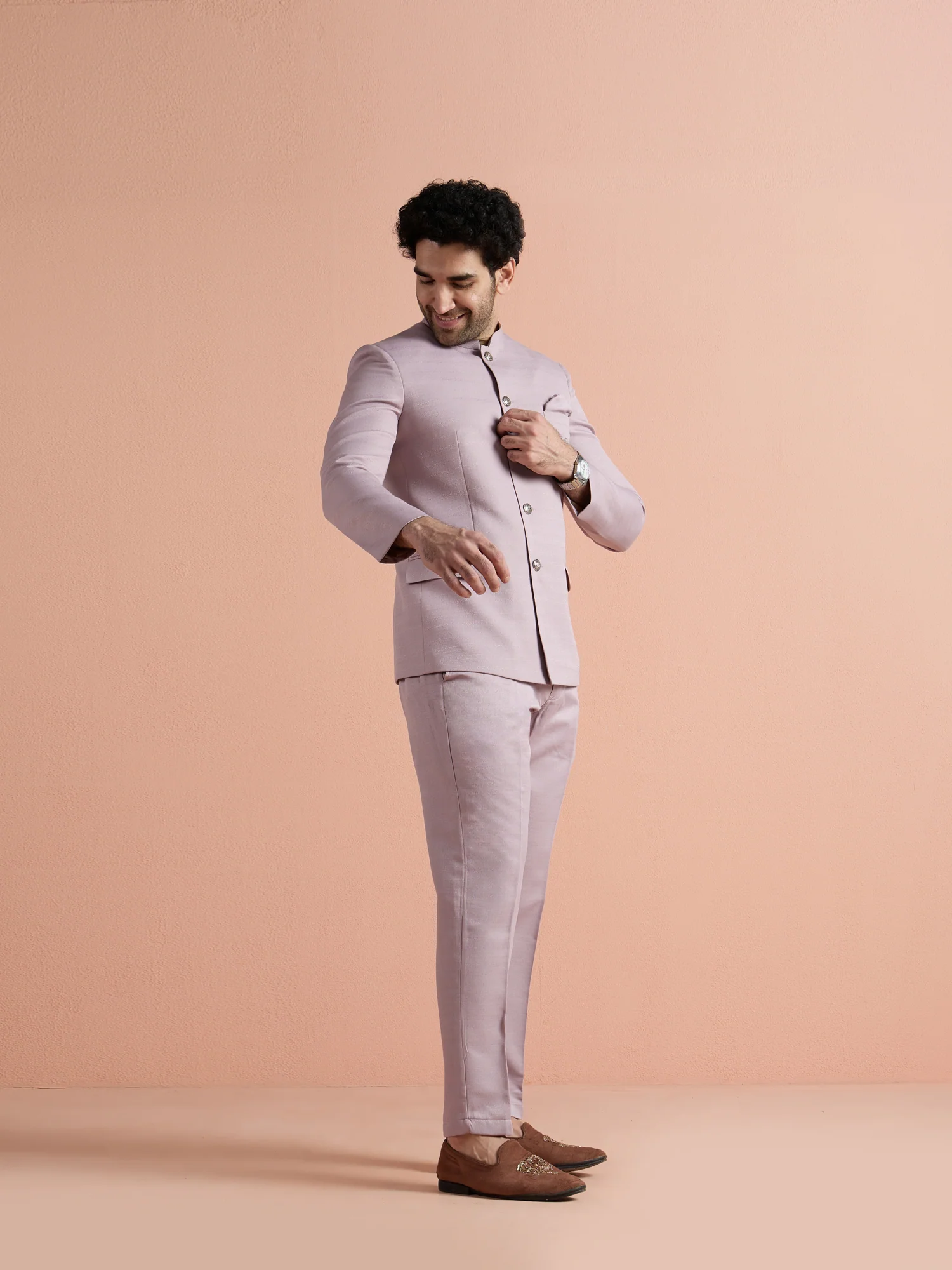 Mauve Poly Viscose Solid Bandhgala Trouser Set - Image 2