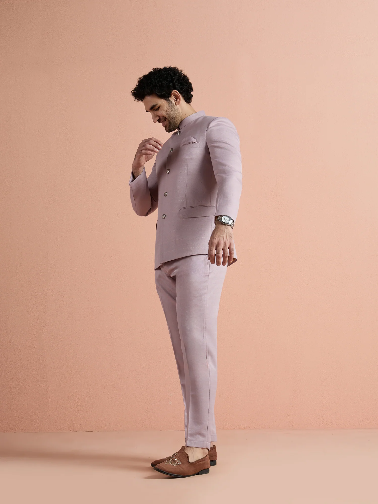 Mauve Poly Viscose Solid Bandhgala Trouser Set - Image 3
