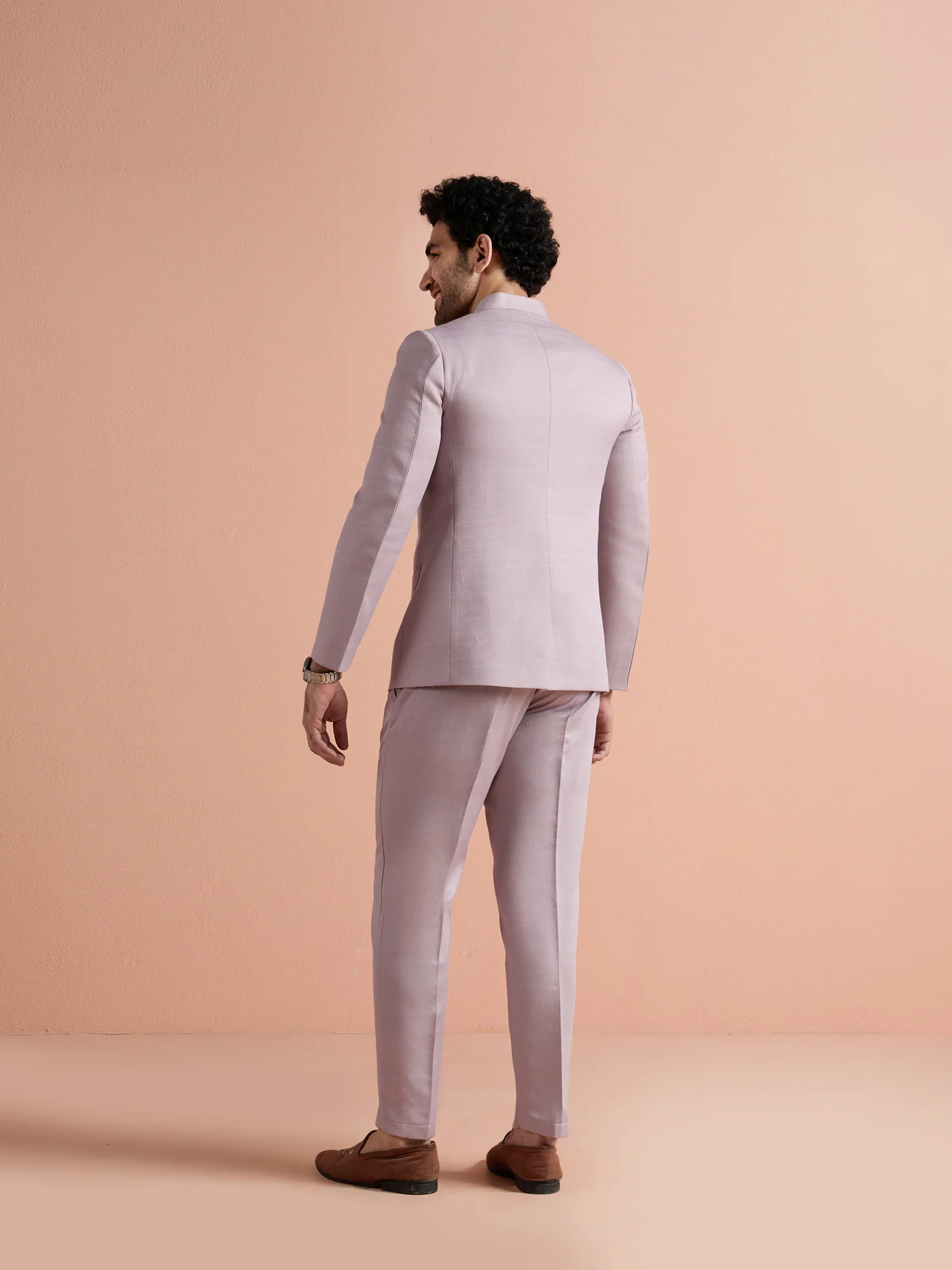 Mauve Poly Viscose Solid Bandhgala Trouser Set - Image 4