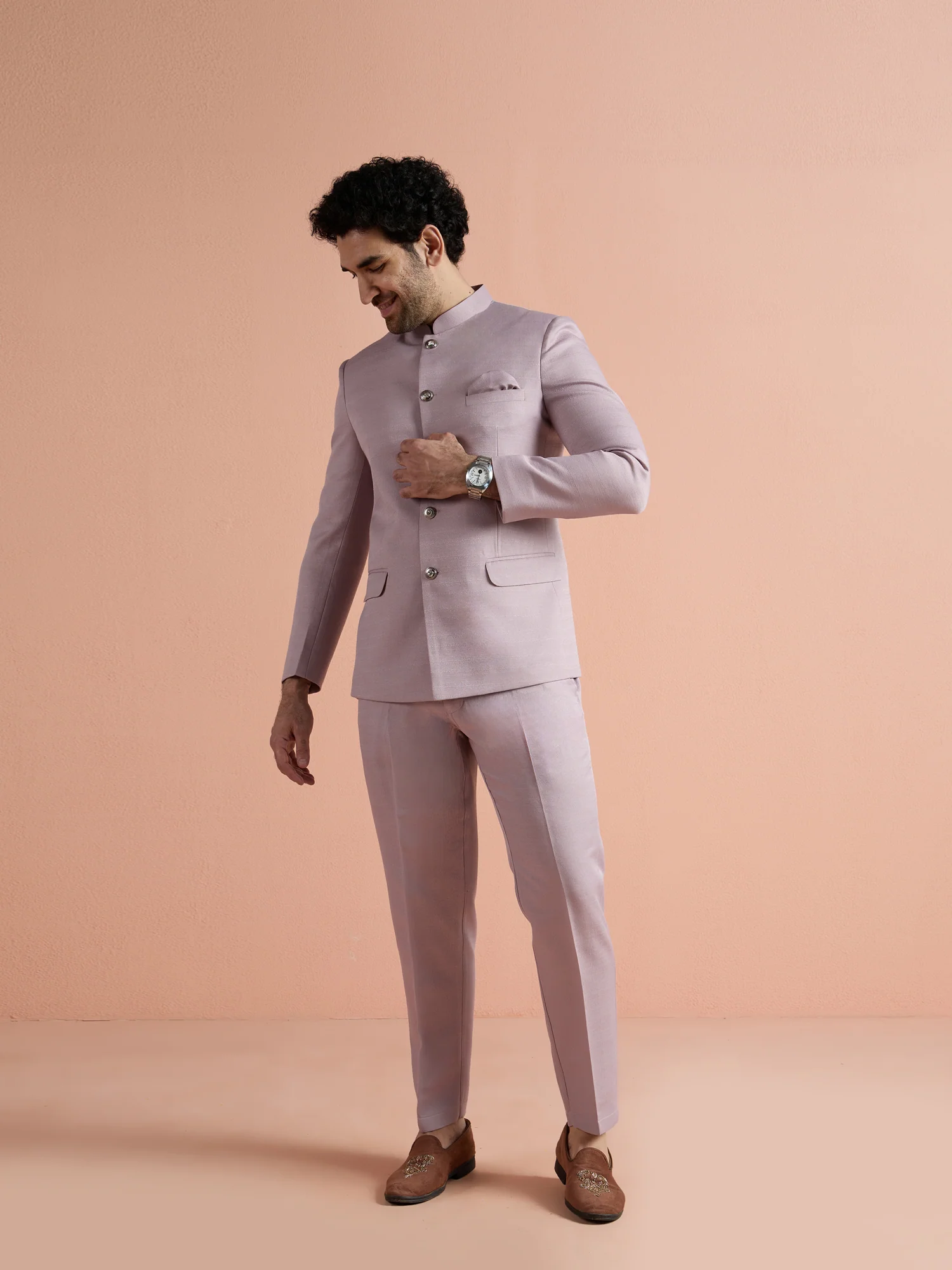 Mauve Poly Viscose Solid Bandhgala Trouser Set - Image 8