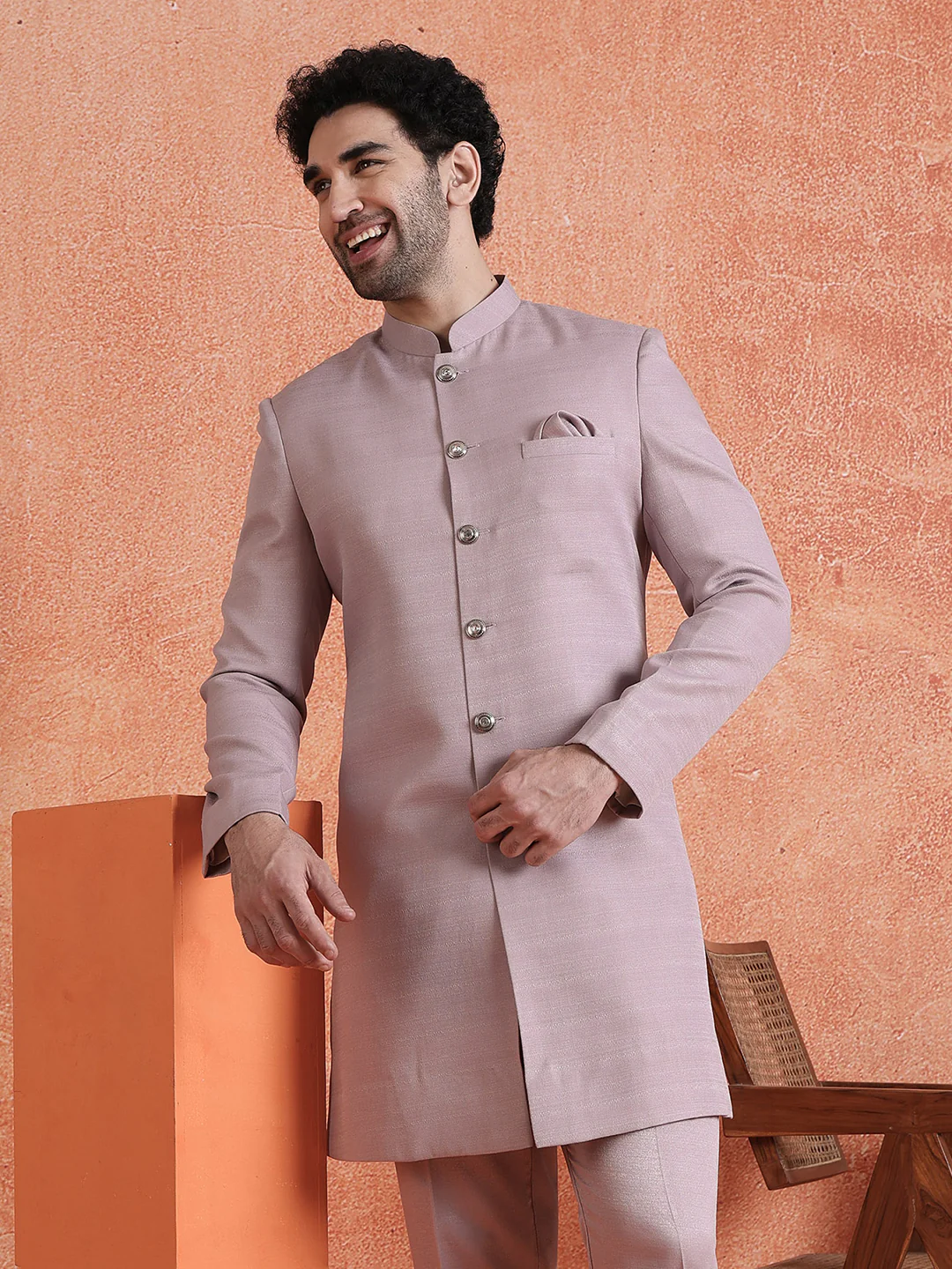 Mauve Polyviscose Solid Sherwani Trouser Set - Image 10