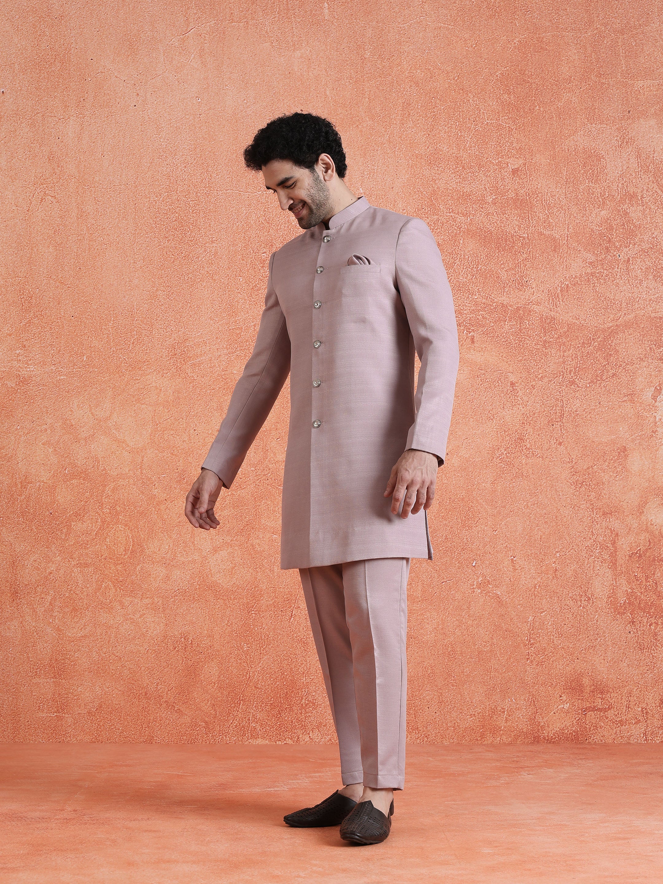 Mauve Polyviscose Solid Sherwani Trouser Set - Image 2