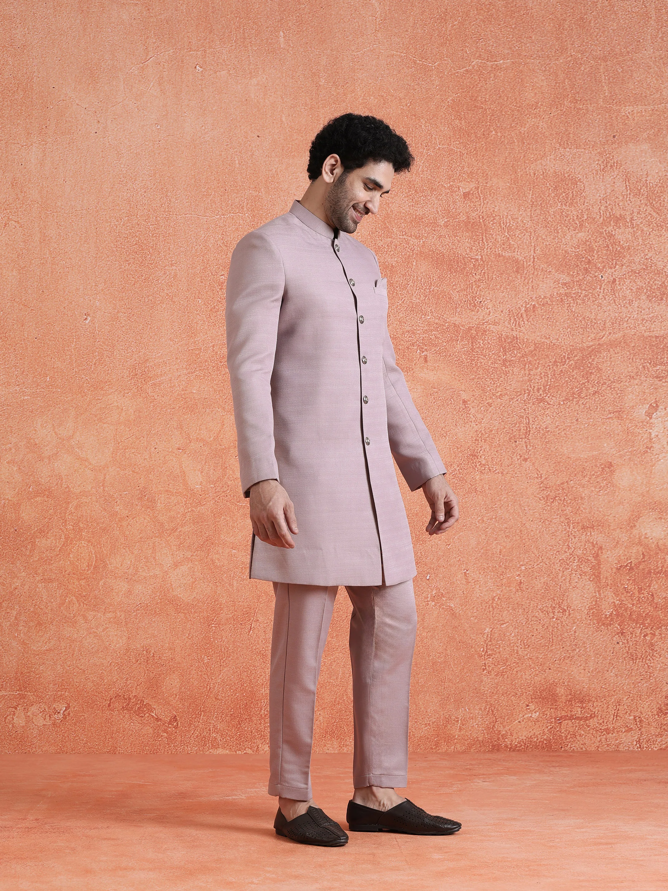 Mauve Polyviscose Solid Sherwani Trouser Set - Image 3