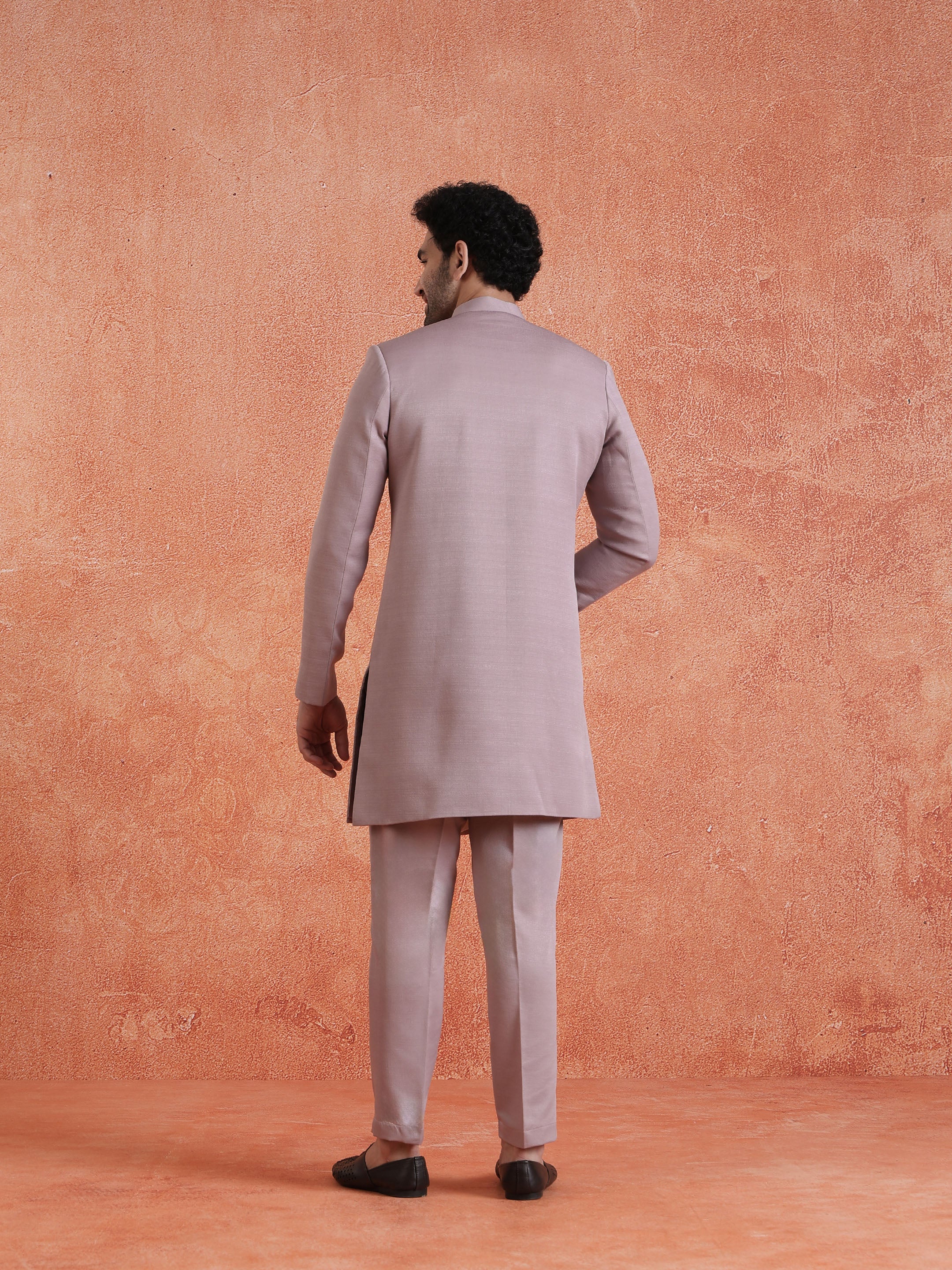 Mauve Polyviscose Solid Sherwani Trouser Set - Image 4