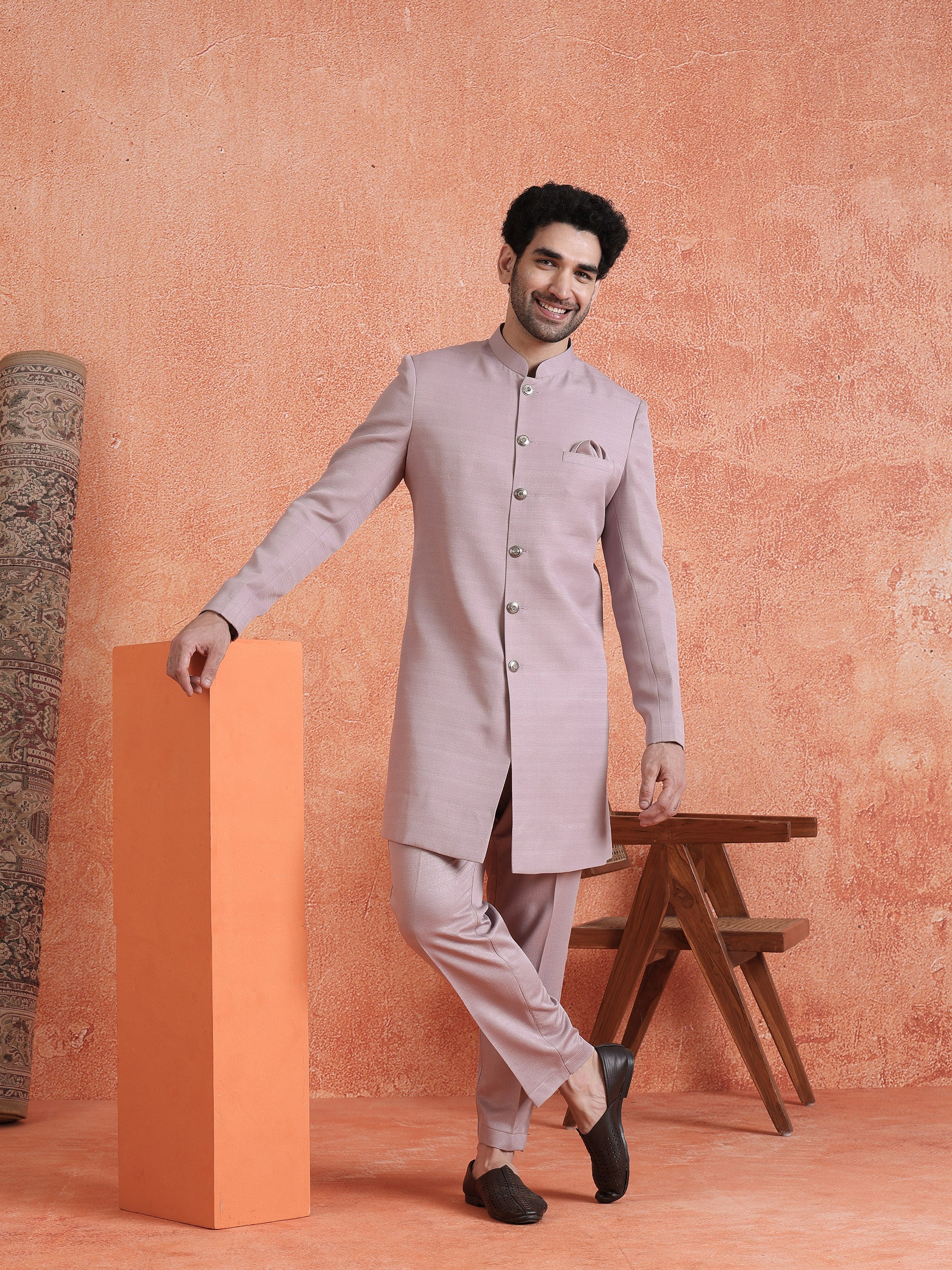 Mauve Polyviscose Solid Sherwani Trouser Set - Image 8