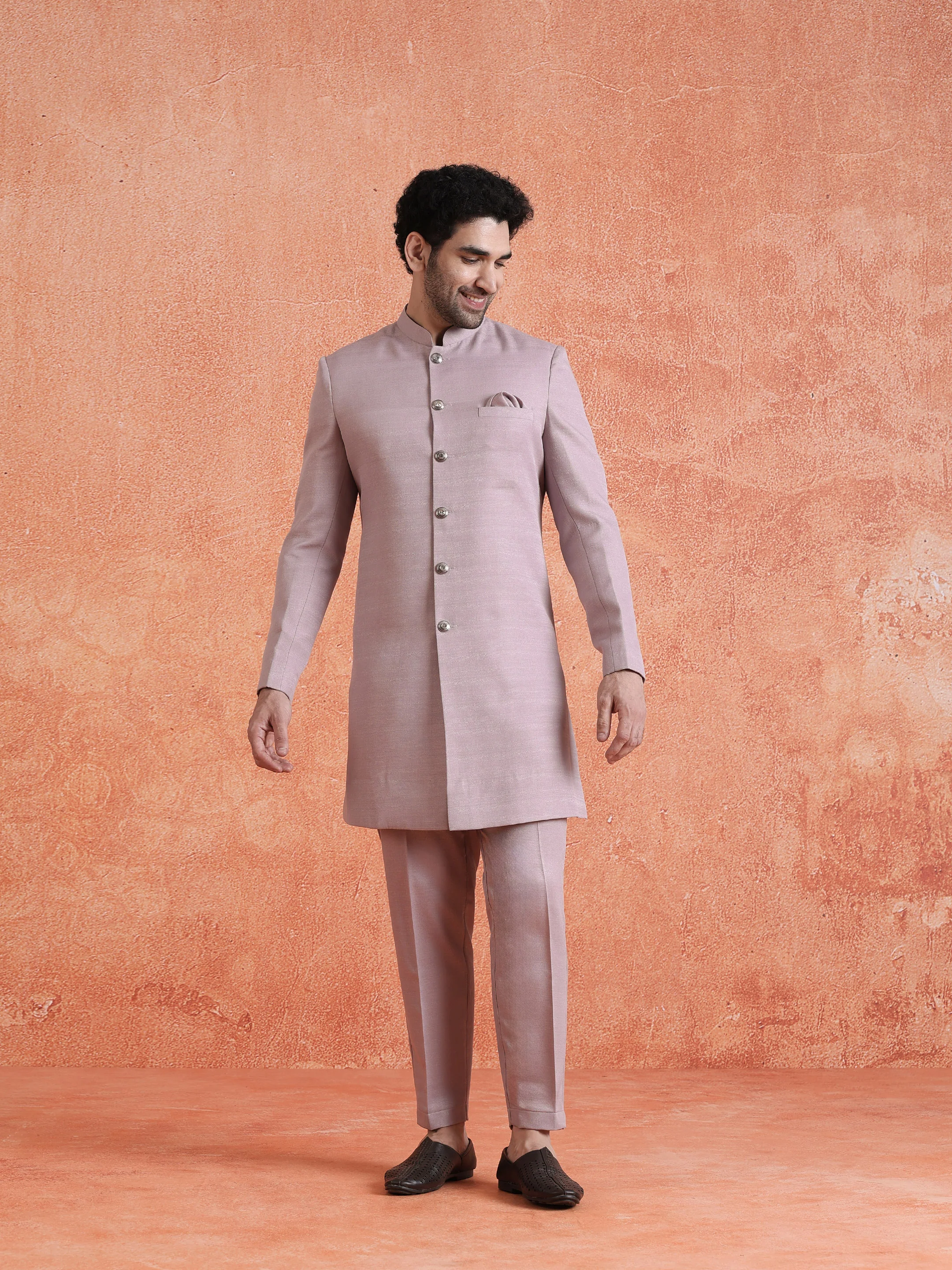 Mauve Polyviscose Solid Sherwani Trouser Set - Image 9