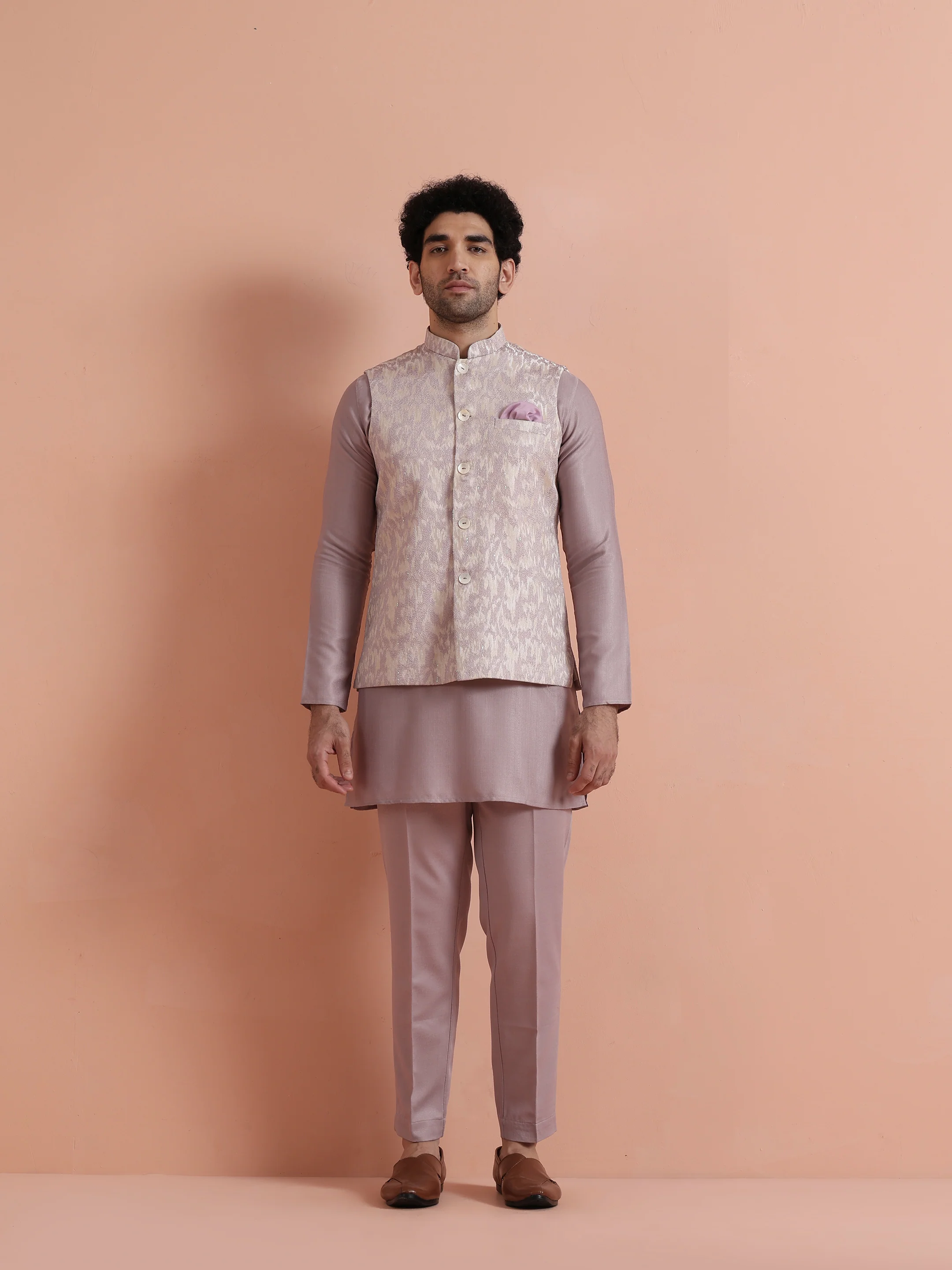 Mauve Printed Elegant Ethnic Nehru Jacket - Image 6