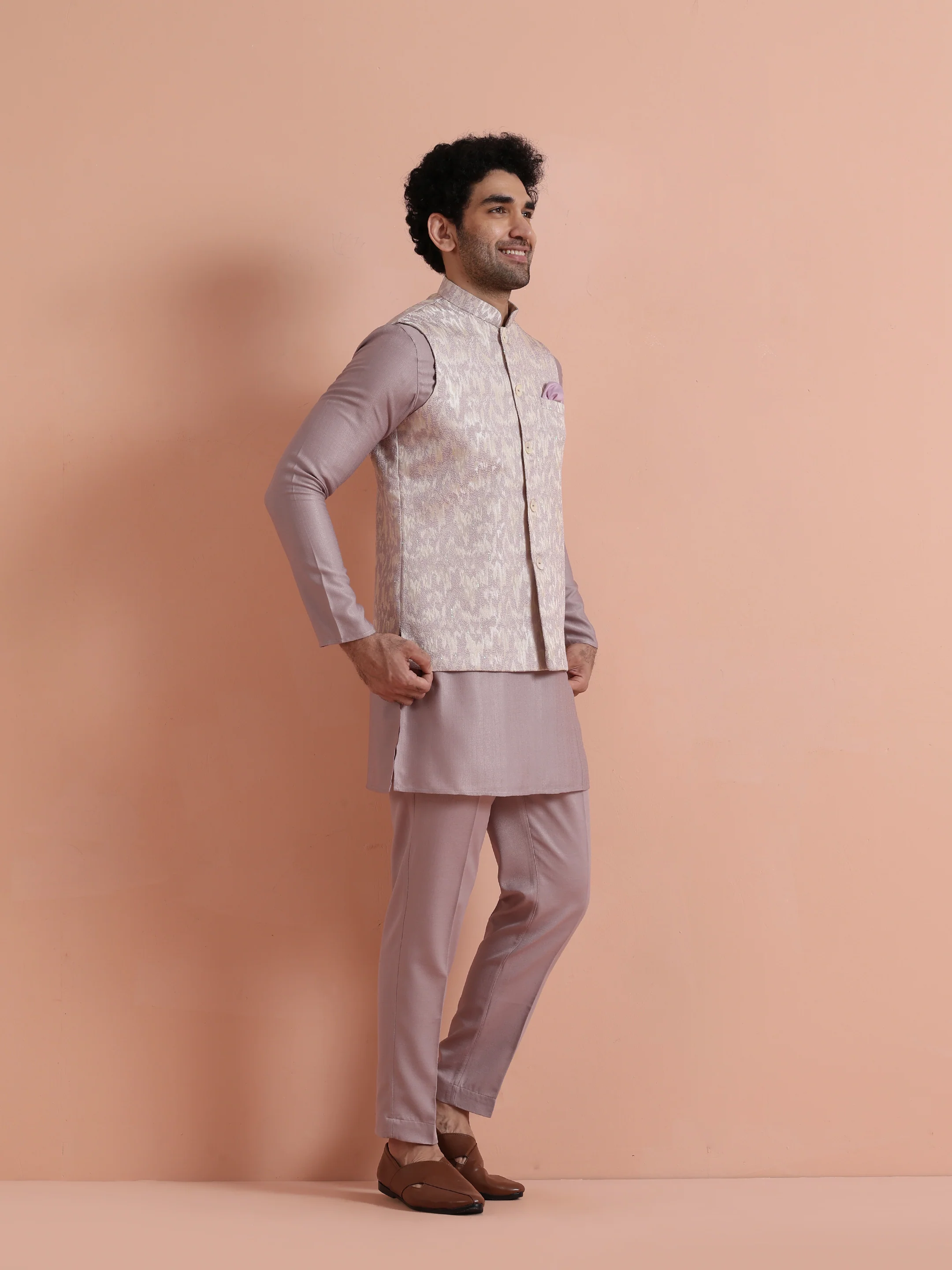 Mauve Jacquard Kurta Jacket Trouser Set - Image 2