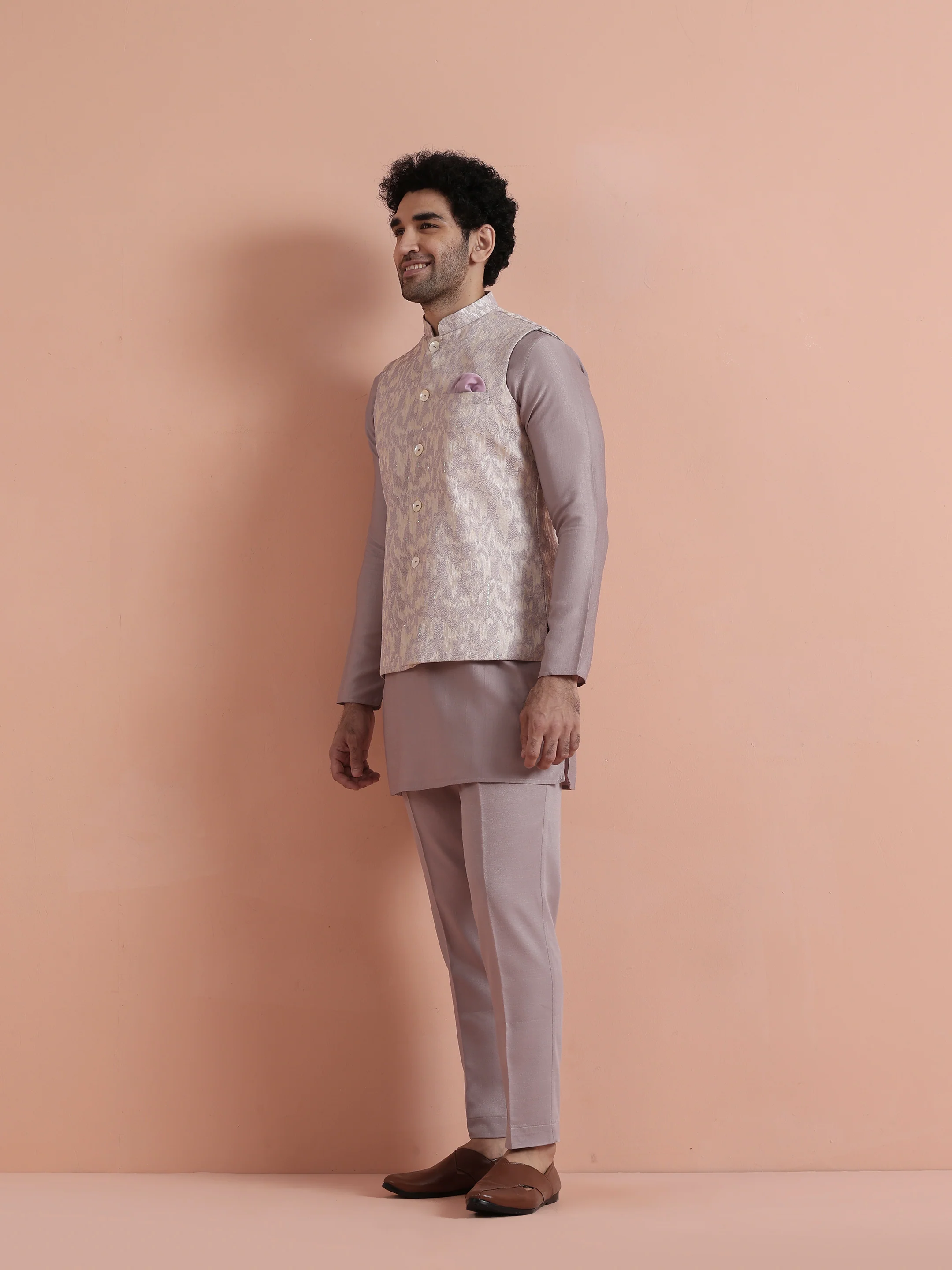 Mauve Jacquard Kurta Jacket Trouser Set - Image 3