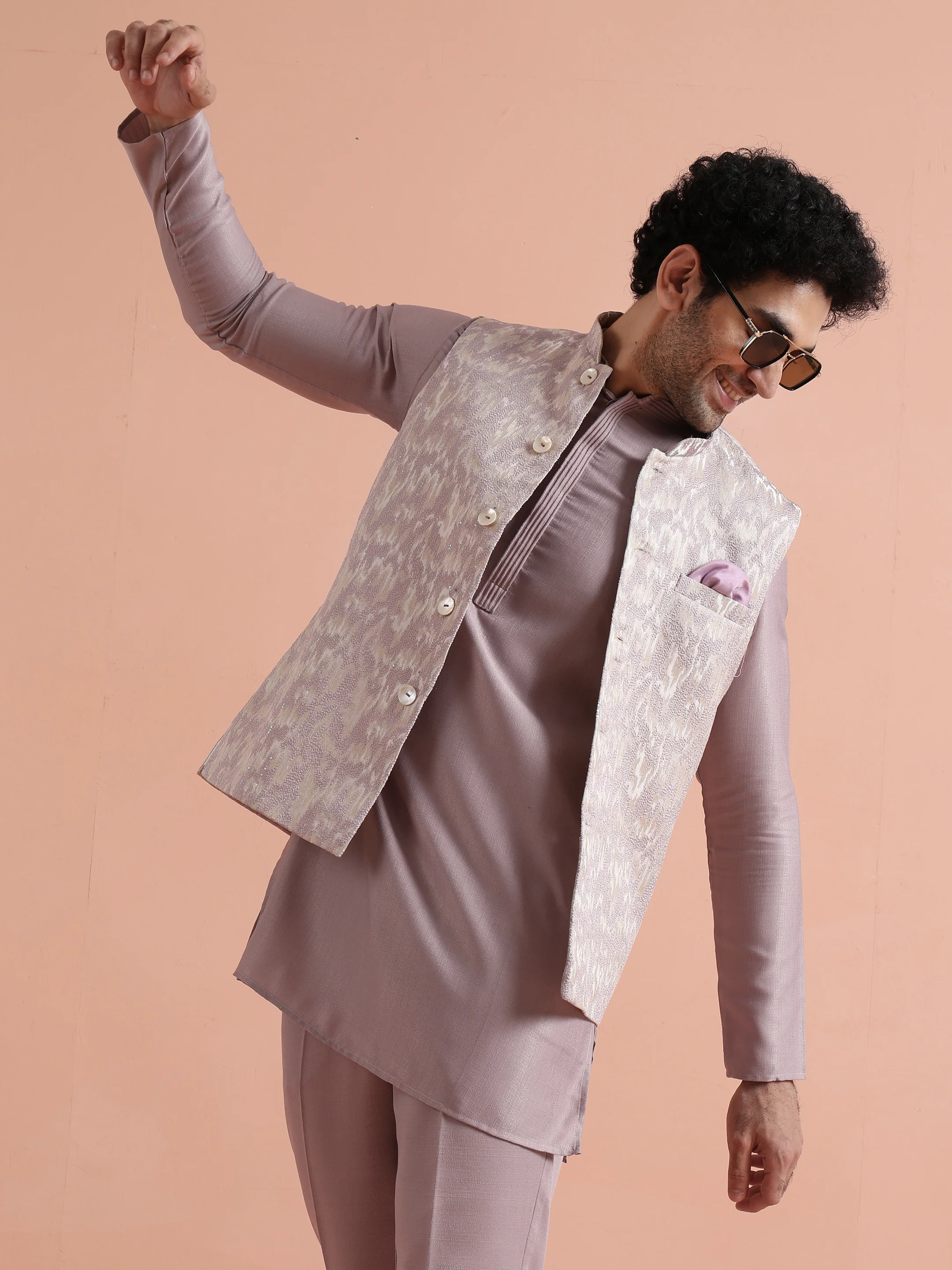 Mauve Jacquard Kurta Jacket Trouser Set - Image 6