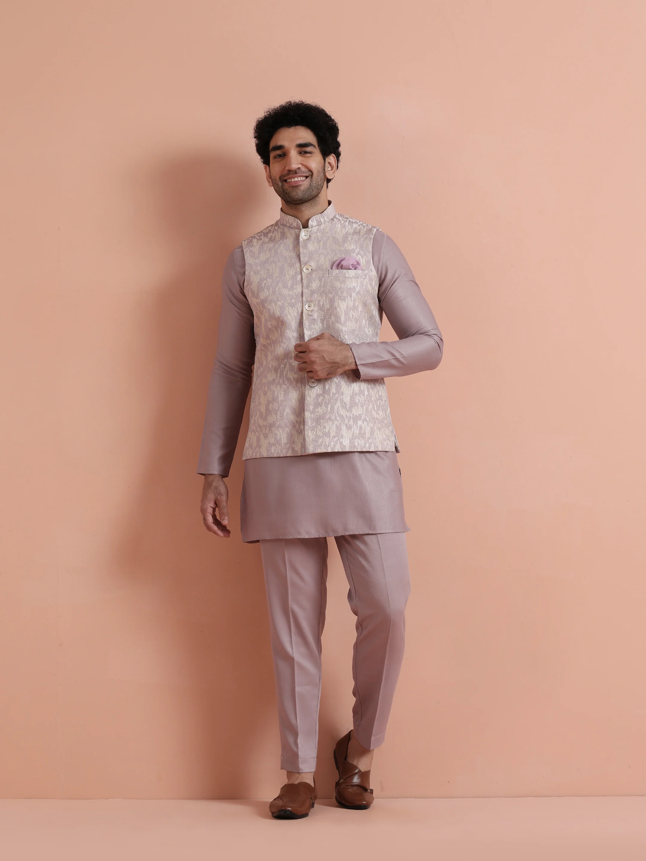 Mauve Jacquard Kurta Jacket Trouser Set - Image 9