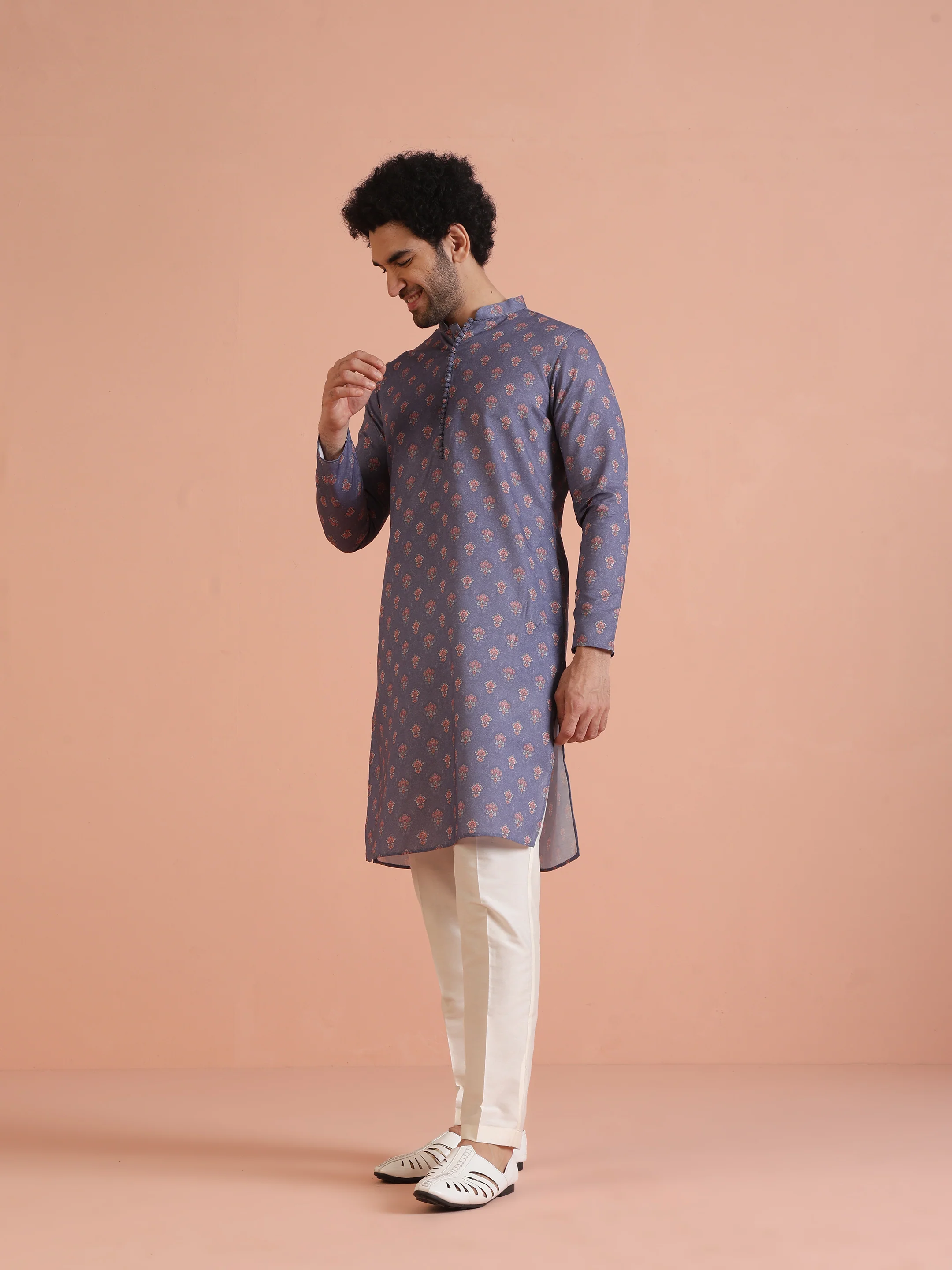 Mauve Silk Blend Printed Long Kurta - Image 2