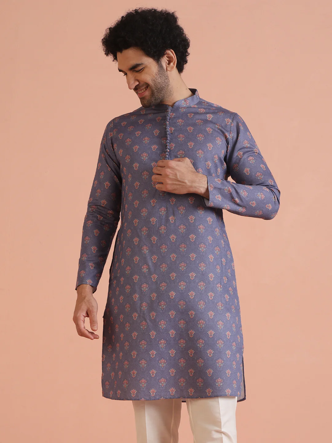 Mauve Silk Blend Printed Long Kurta - Image 7