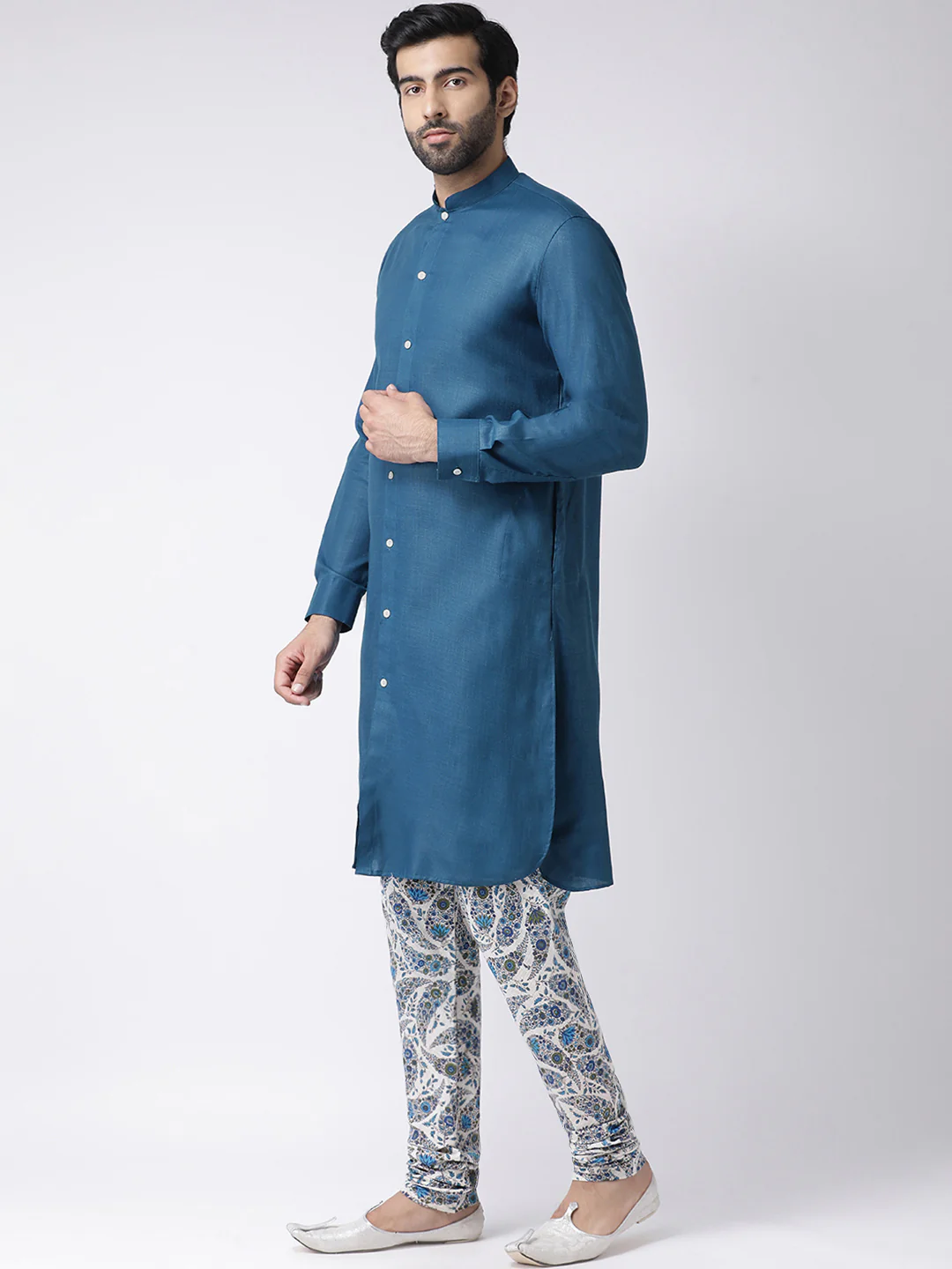 Men Blue Solid Ethnic Motifs Kurta - Image 2