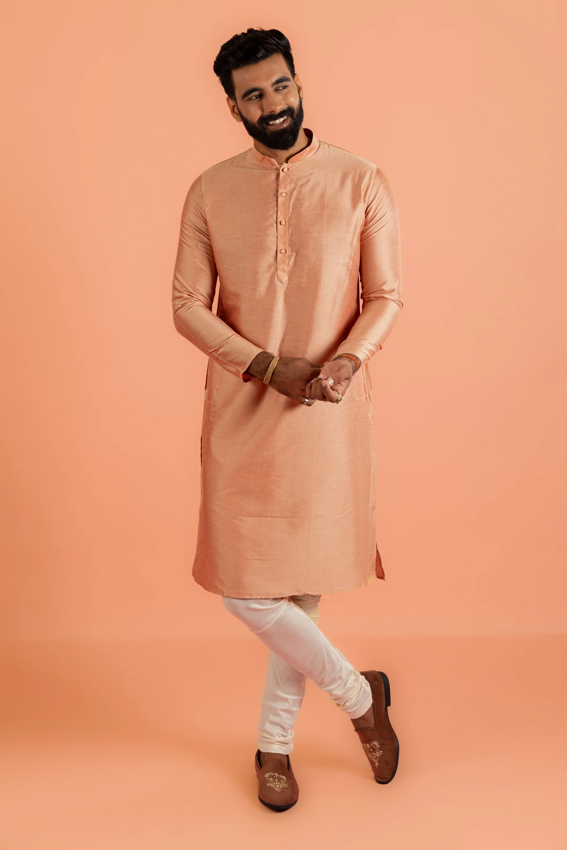 Peach Silk Blend Solid Kurta - Image 2
