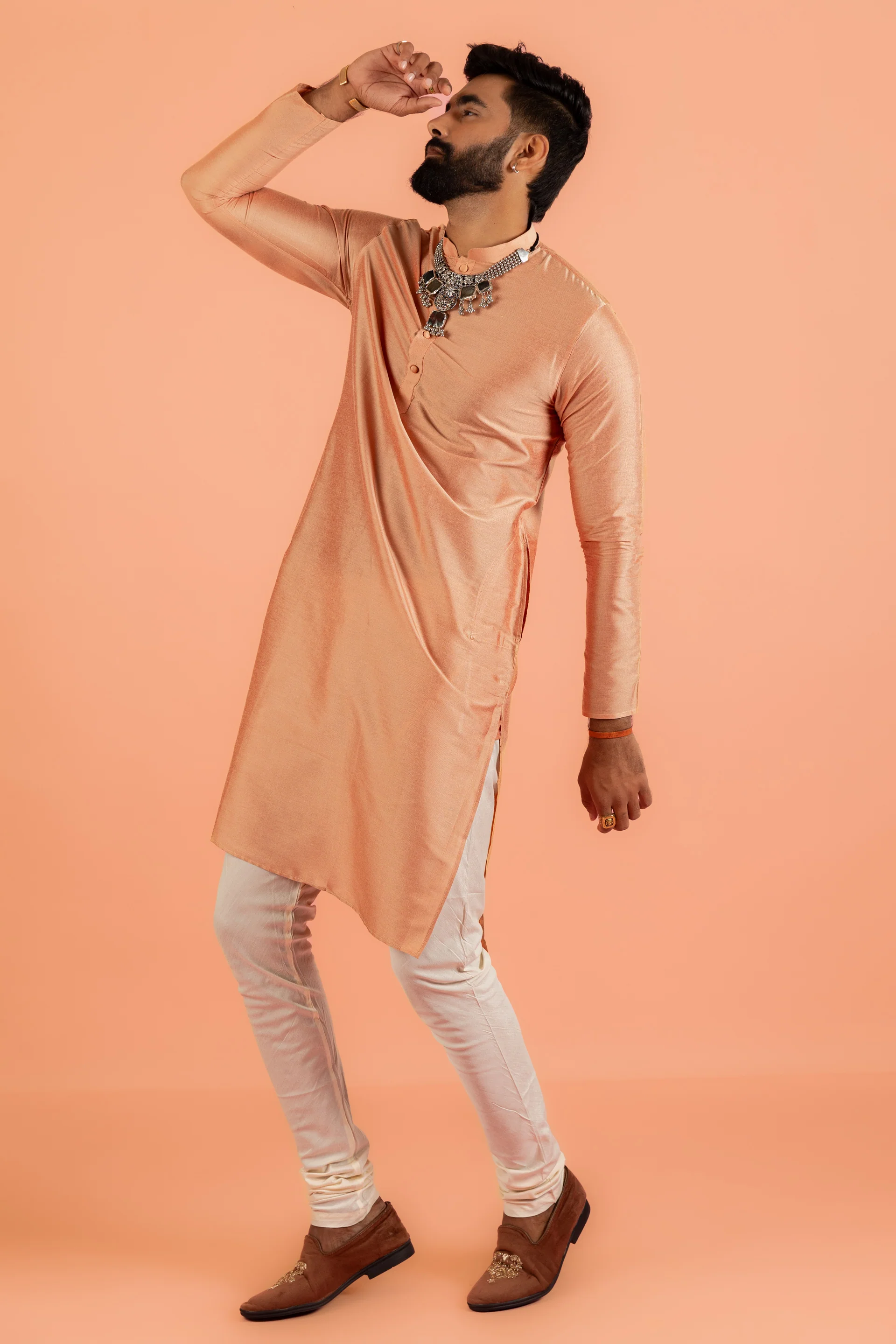 Peach Silk Blend Solid Kurta - Image 6