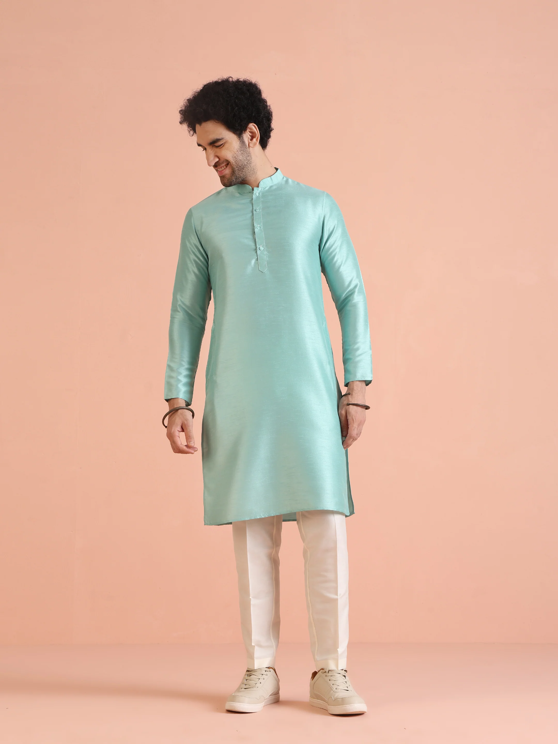 Men Green Solid Ethnic Motifs Kurta - Image 7