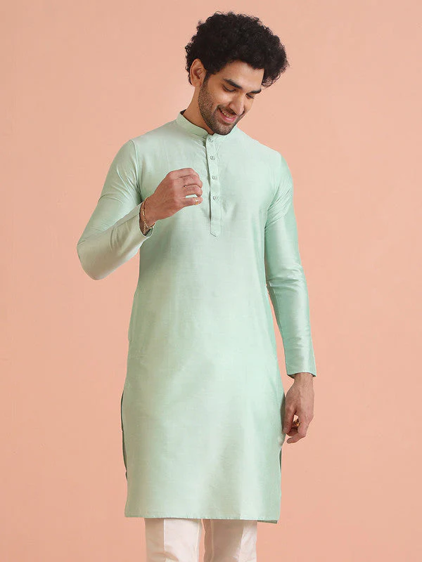 Men Green Solid Ethnic Motifs Kurta - Image 8