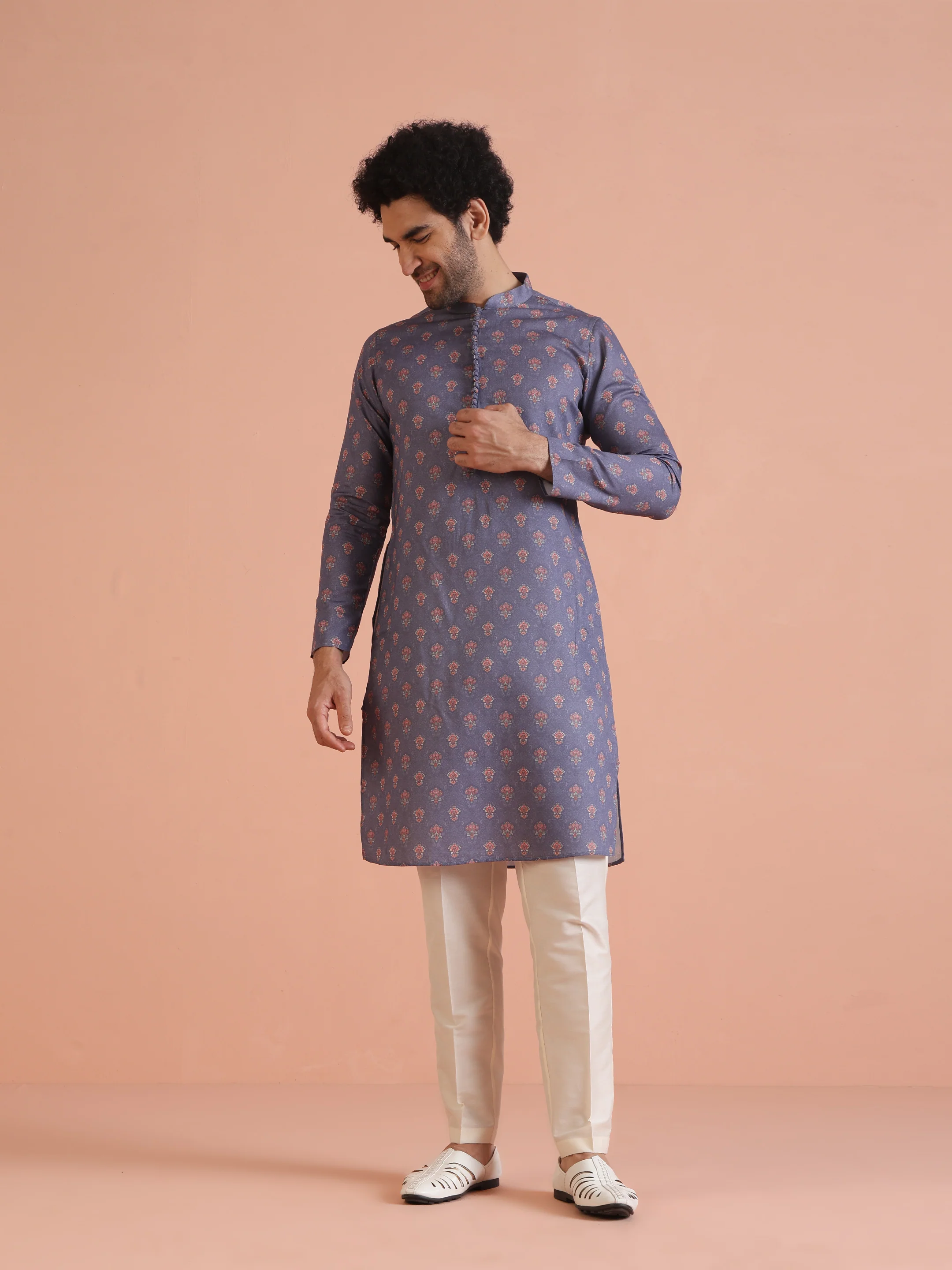 Grey Floral Printed Silk Blend Kurta - Image 2