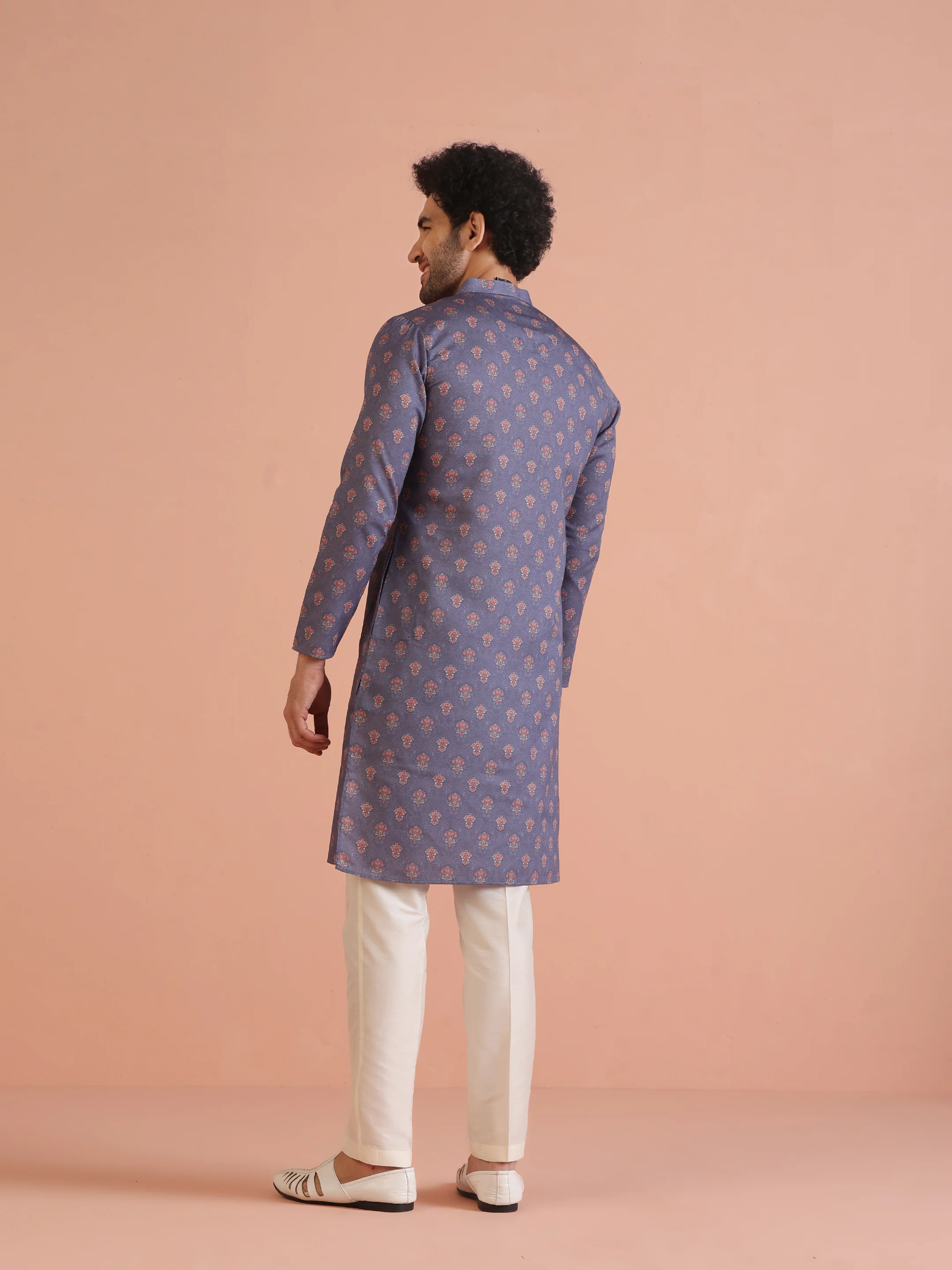 Grey Floral Printed Silk Blend Kurta - Image 4