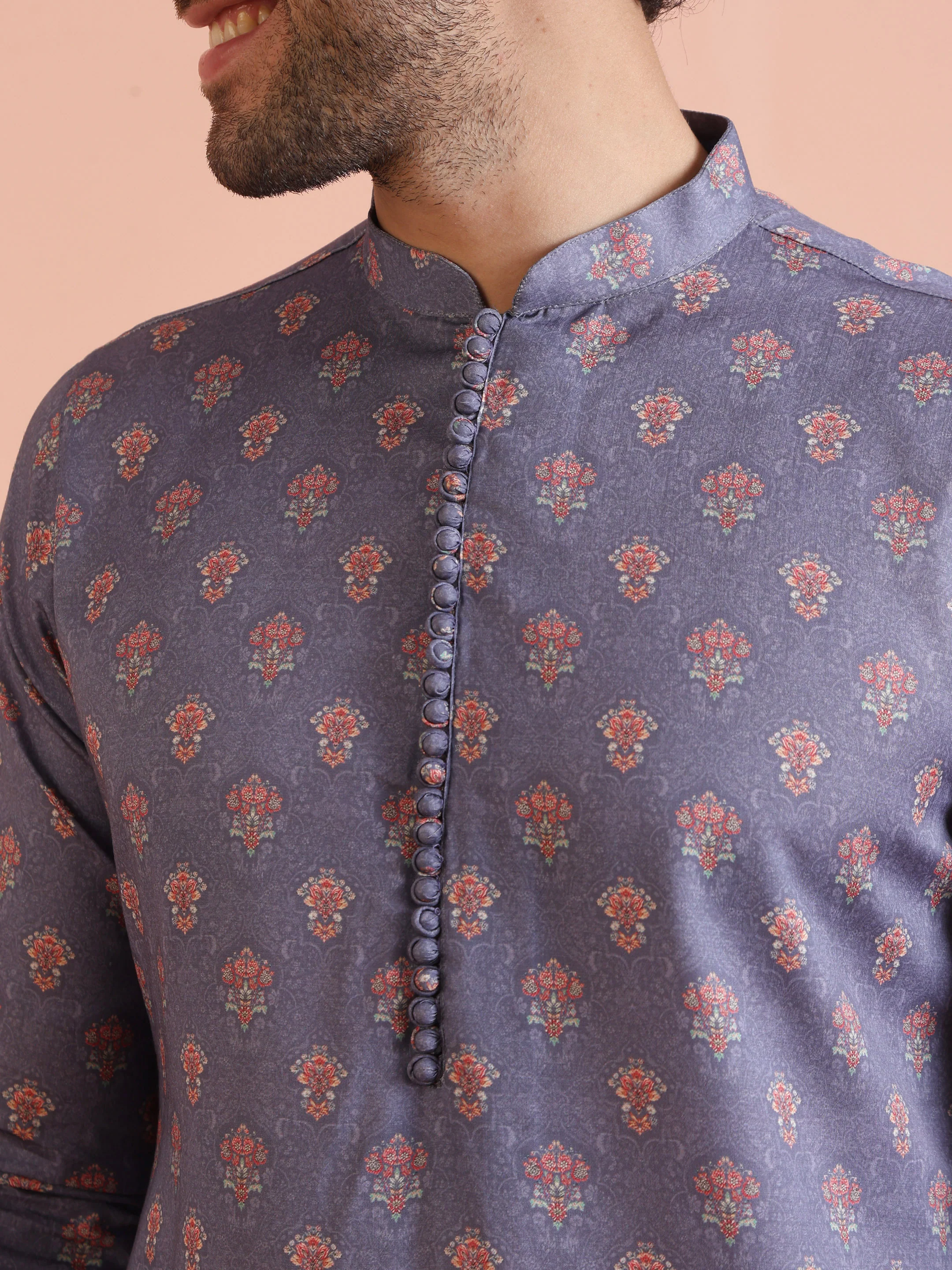 Grey Floral Printed Silk Blend Kurta - Image 5