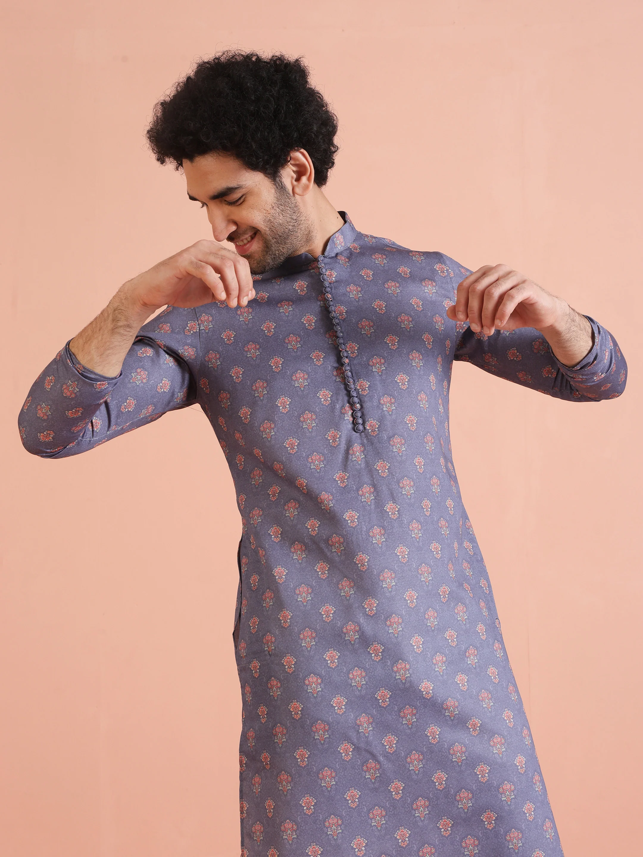 Grey Floral Printed Silk Blend Kurta - Image 6