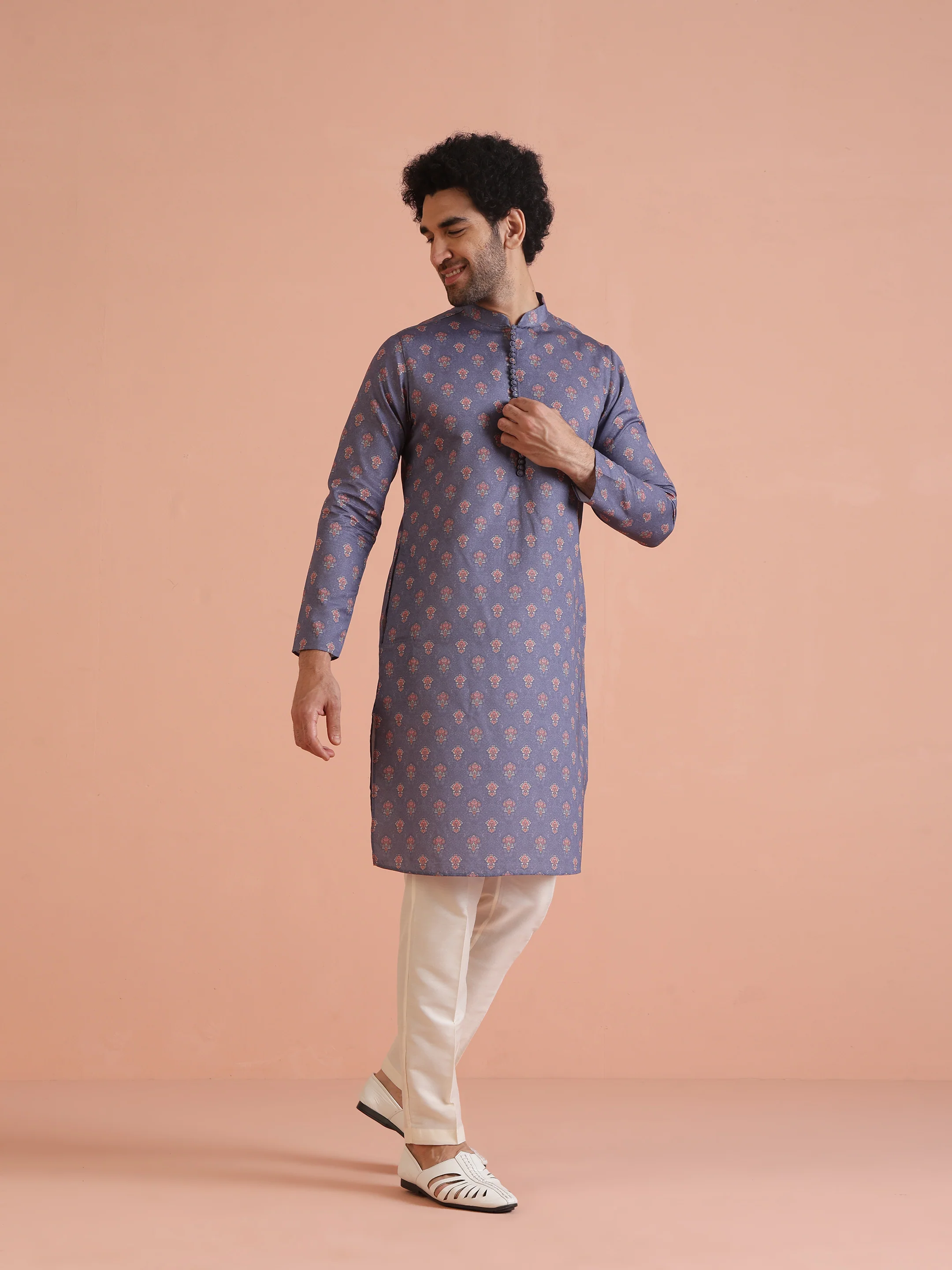 Grey Floral Printed Silk Blend Kurta - Image 7