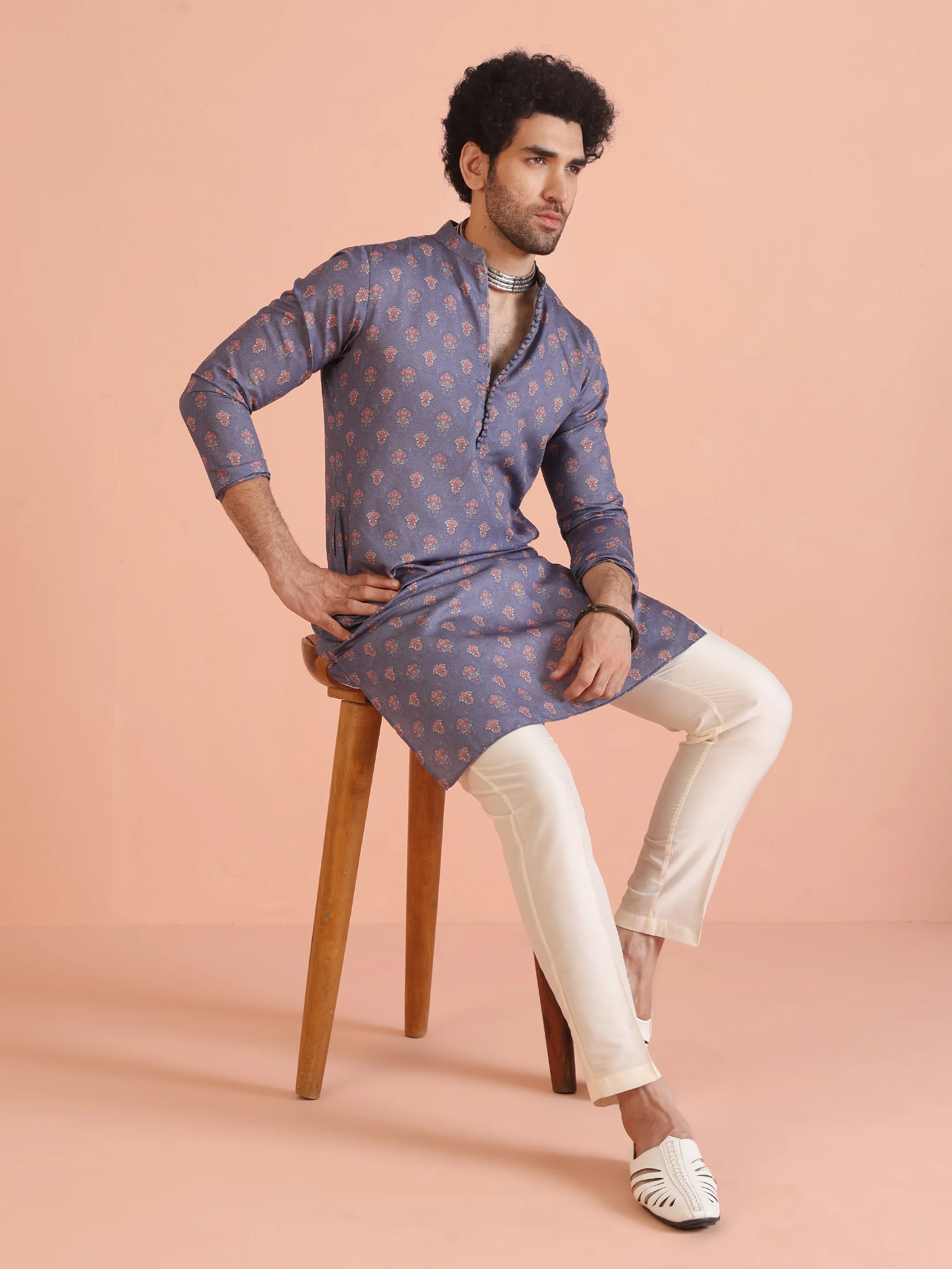 Grey Floral Printed Silk Blend Kurta - Image 8
