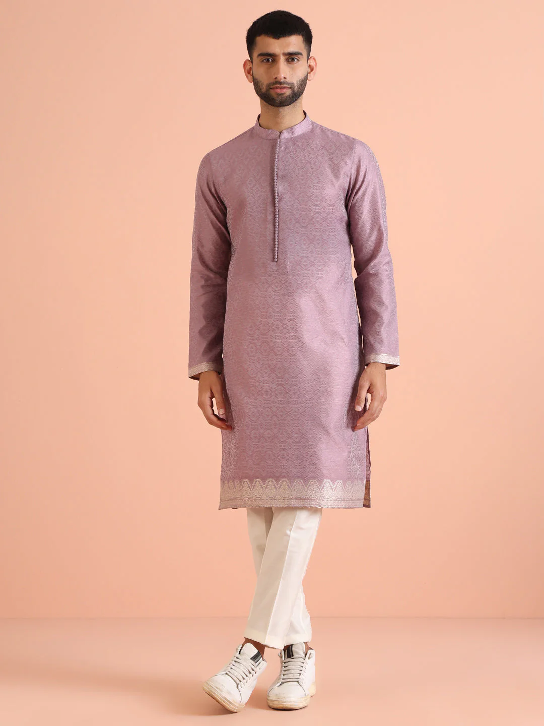 Men Mauve Woven Design Ethnic Motifs Kurta - Image 2