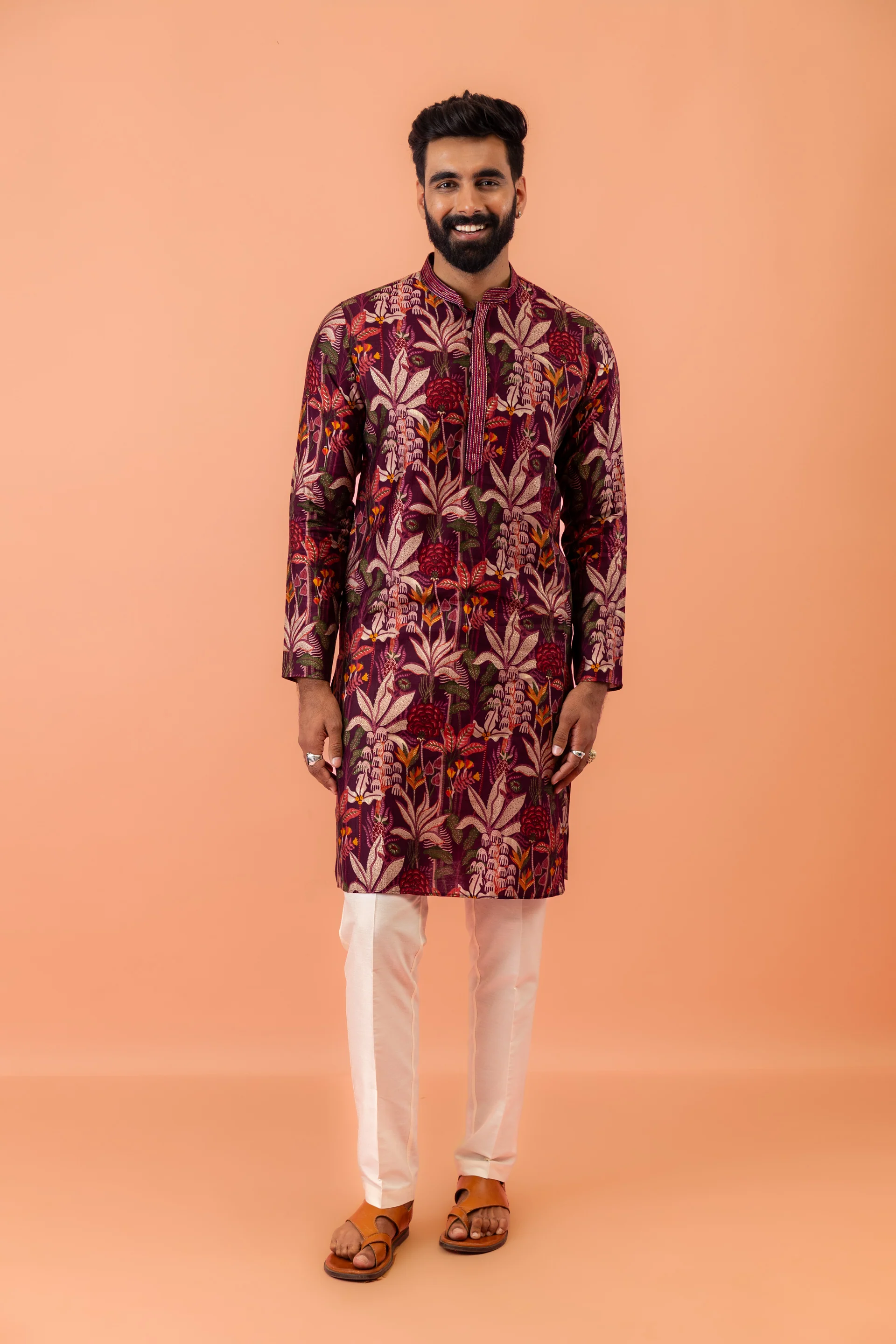 Maroon Silk Blend Kurta with Multicolor Floral Prints and Mandarin Collar - Image 10