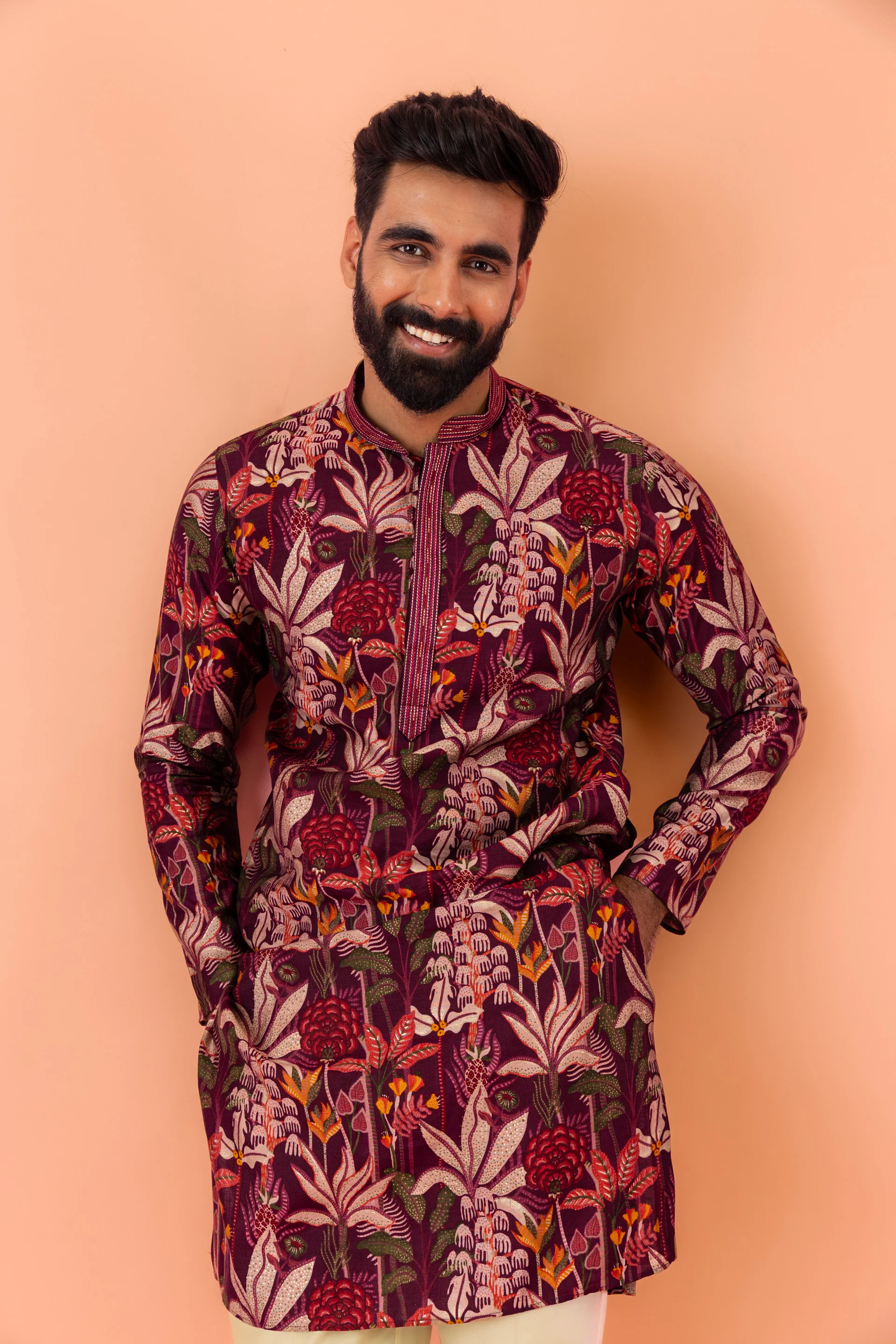 Maroon Silk Blend Kurta with Multicolor Floral Prints and Mandarin Collar - Image 3