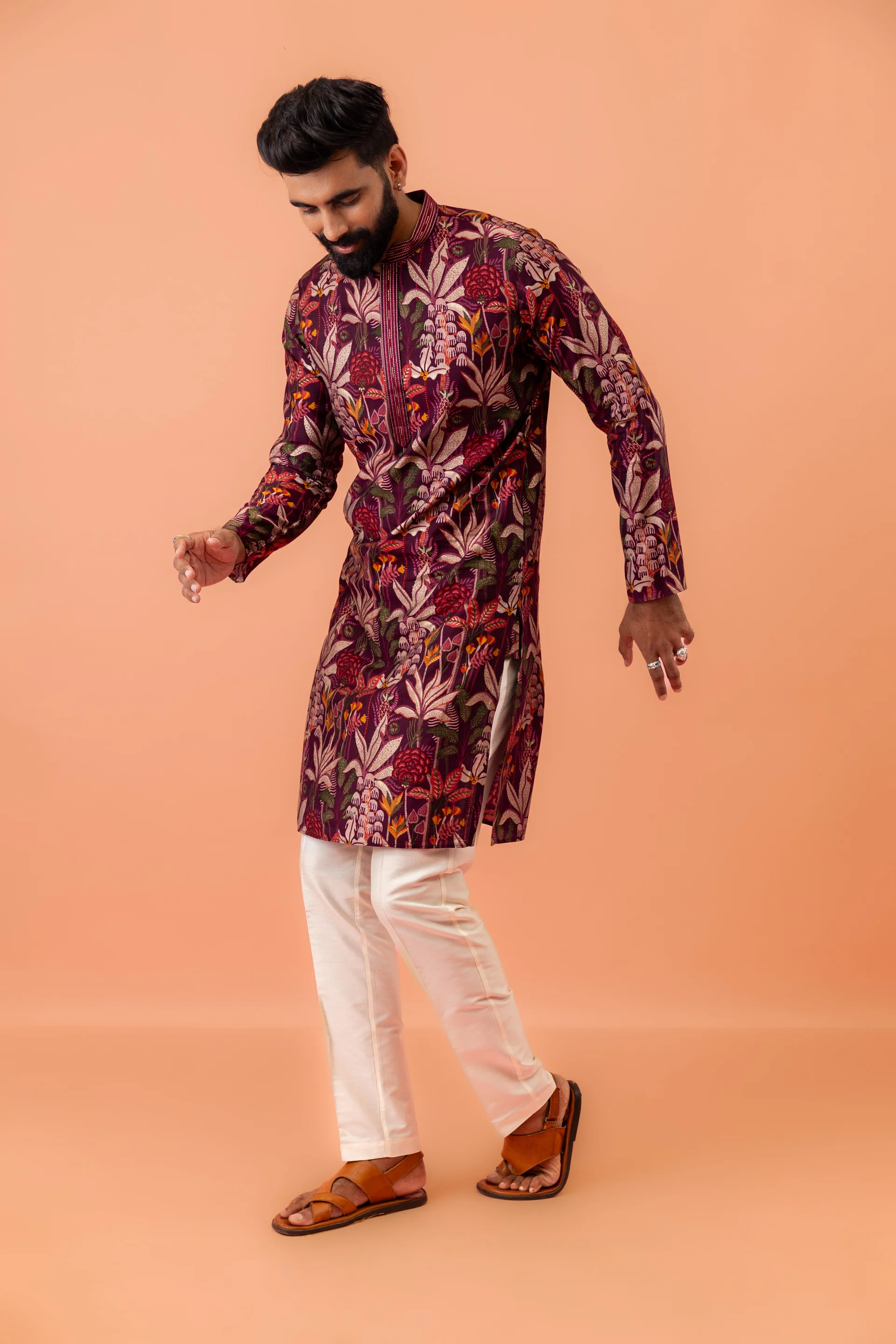 Maroon Silk Blend Kurta with Multicolor Floral Prints and Mandarin Collar - Image 4